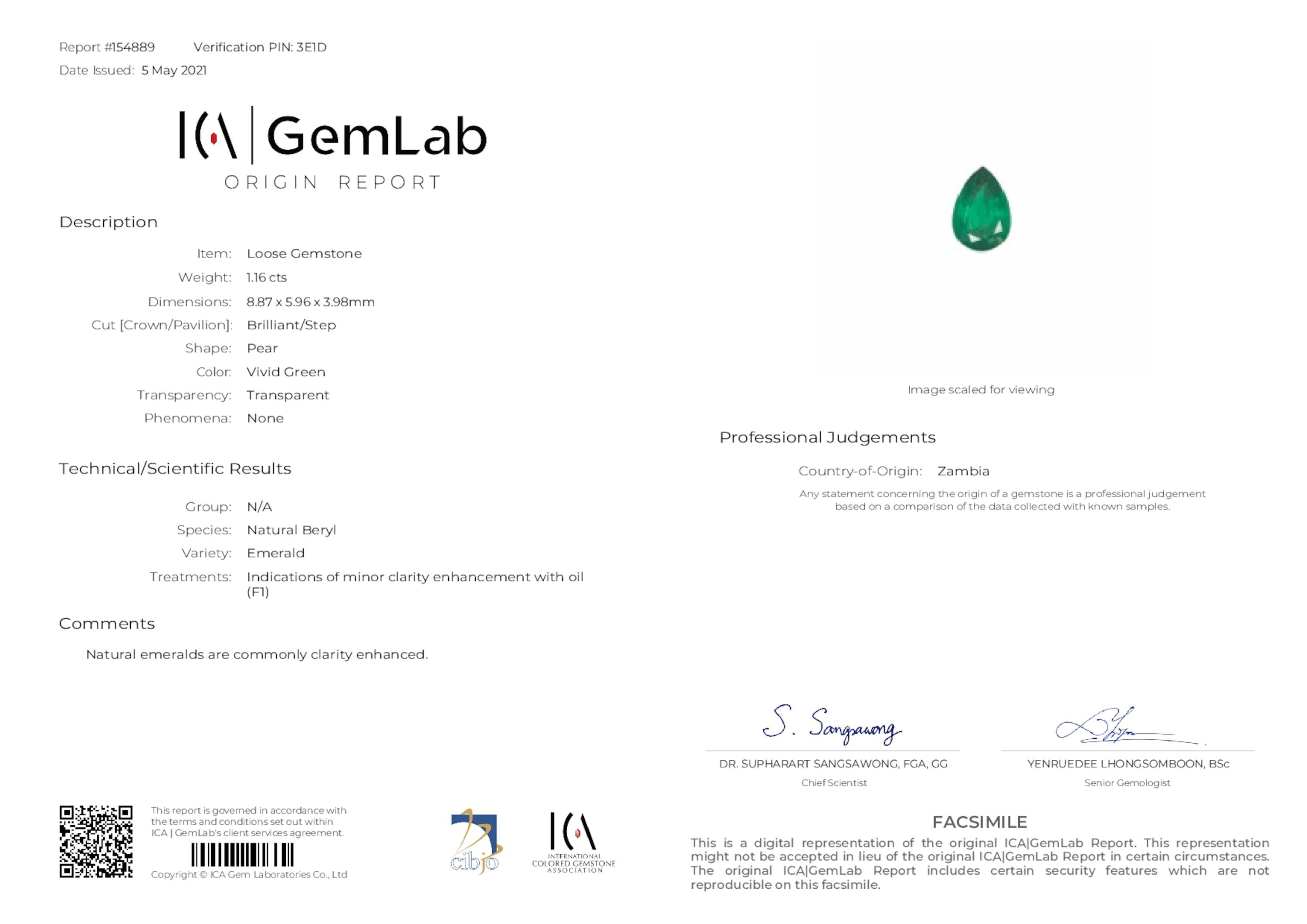 1.16 ct. Pear Shape Emerald ICA Minor