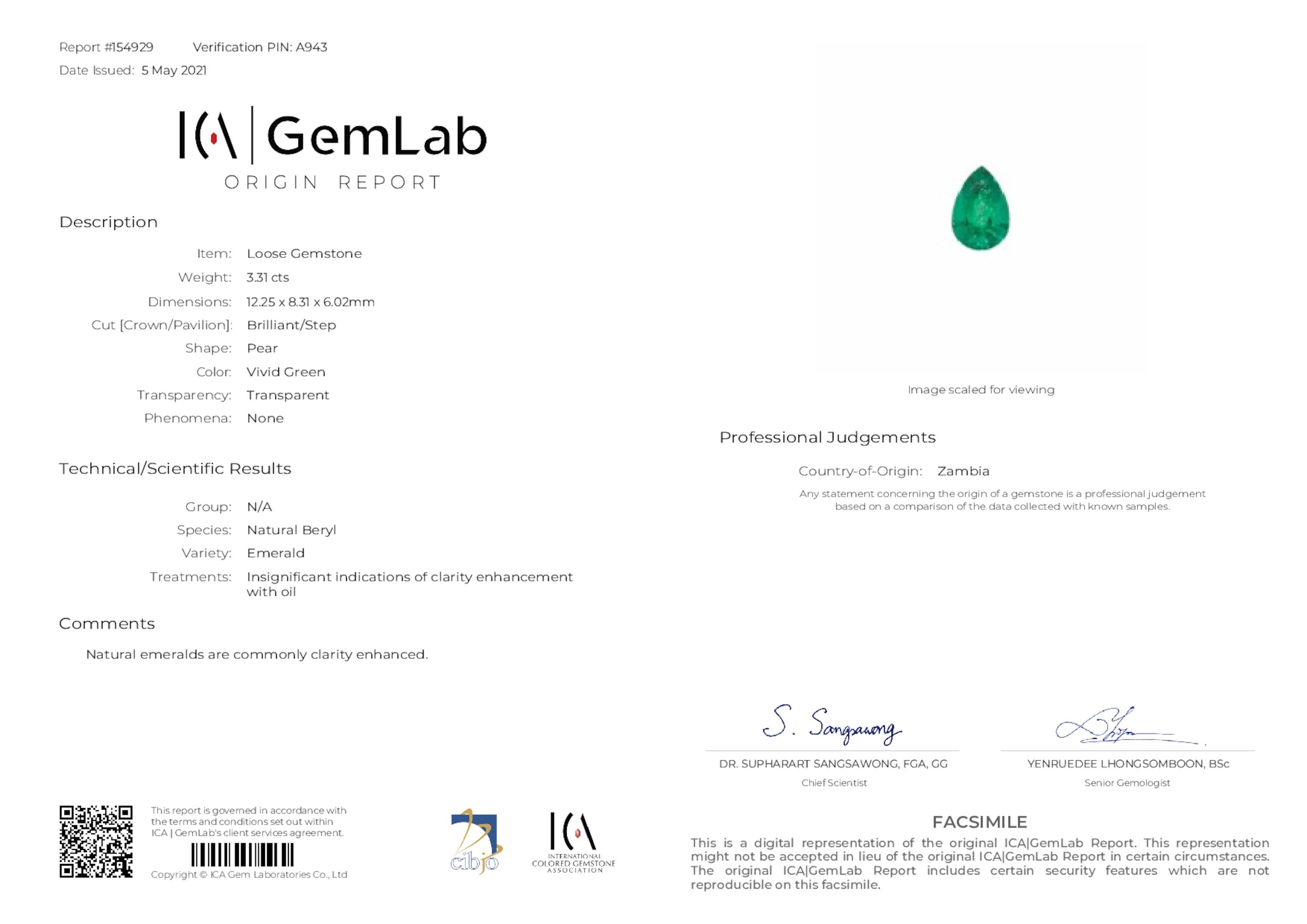 3.31 ct. Pear Shape Emerald ICA Insignificant