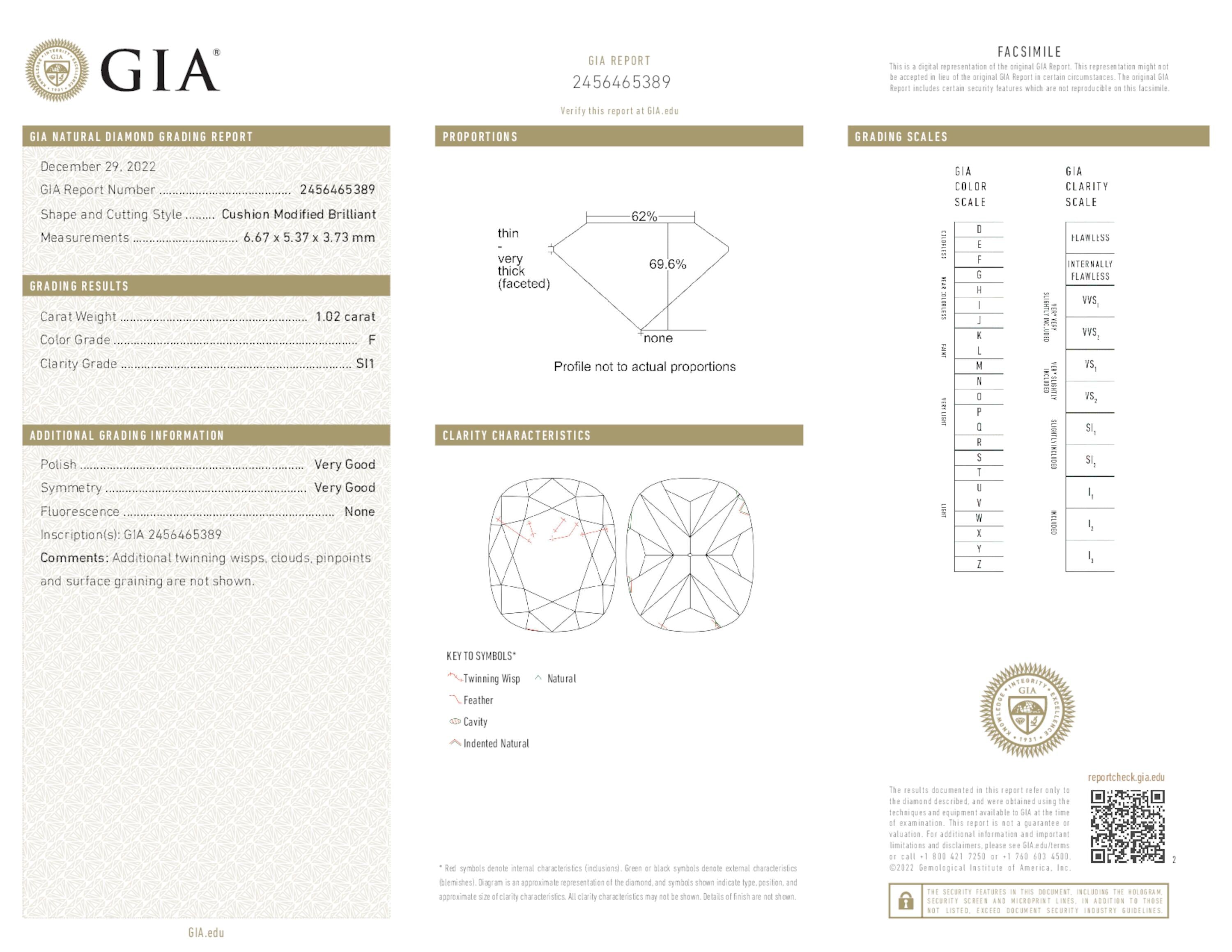 1.02 ct. Cushion Diamond F SI1 None GIA