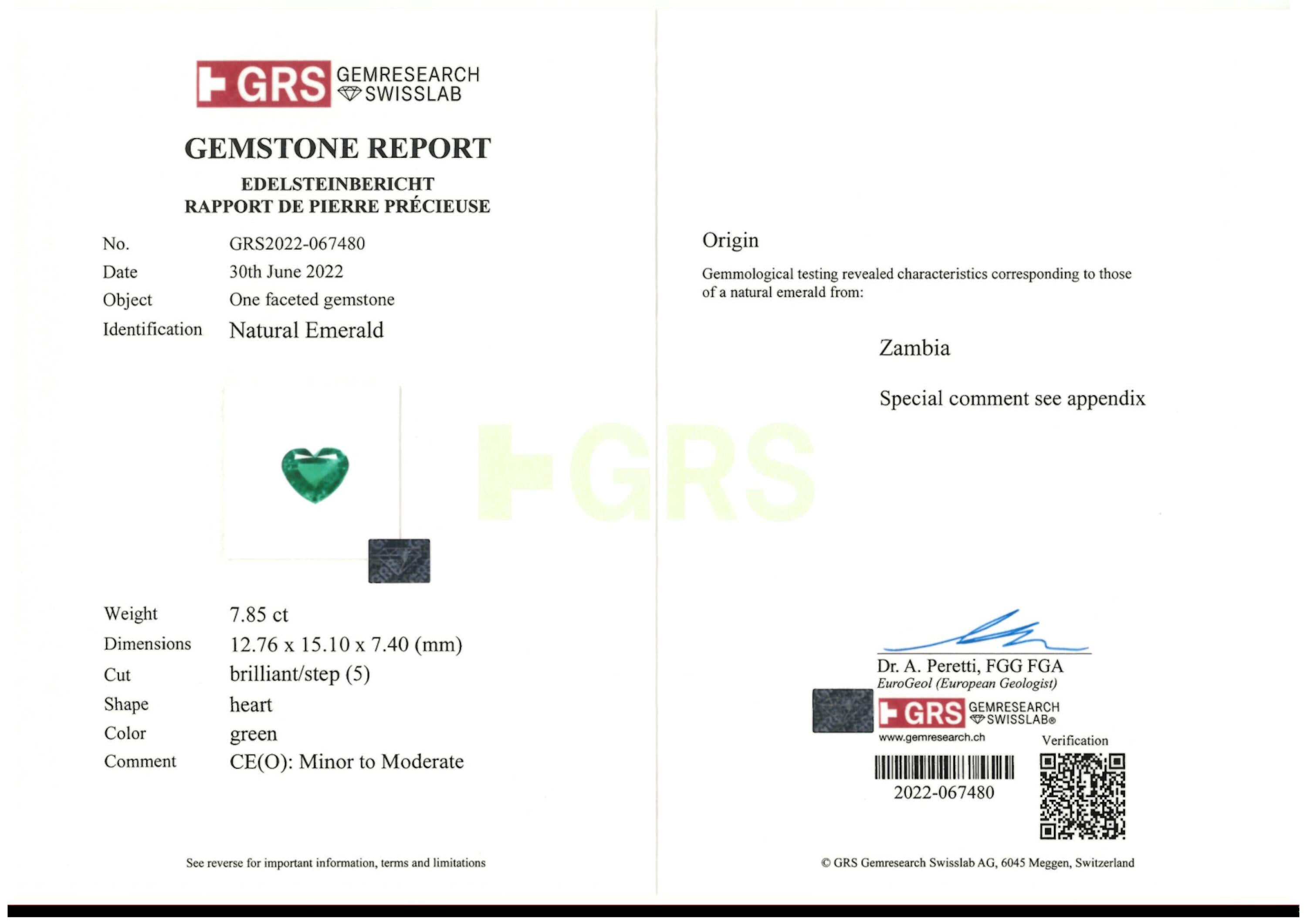 6.60 ct. Heart Shape Emerald GRS Minor to Moderate