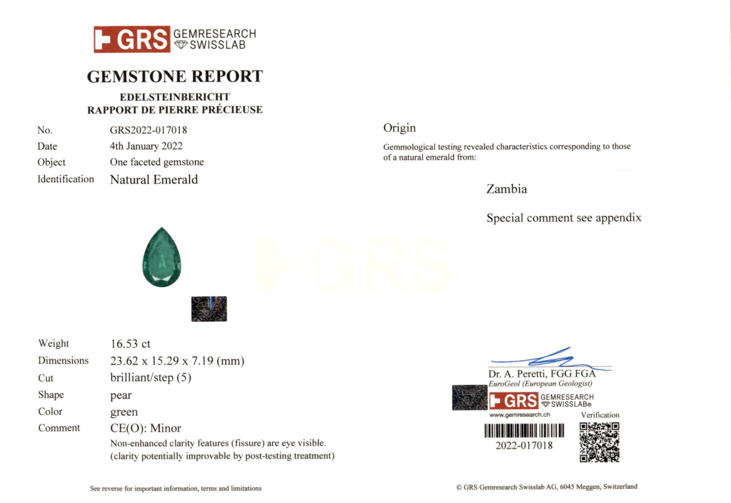 16.53 ct. Pear Shape Emerald GRS Minor