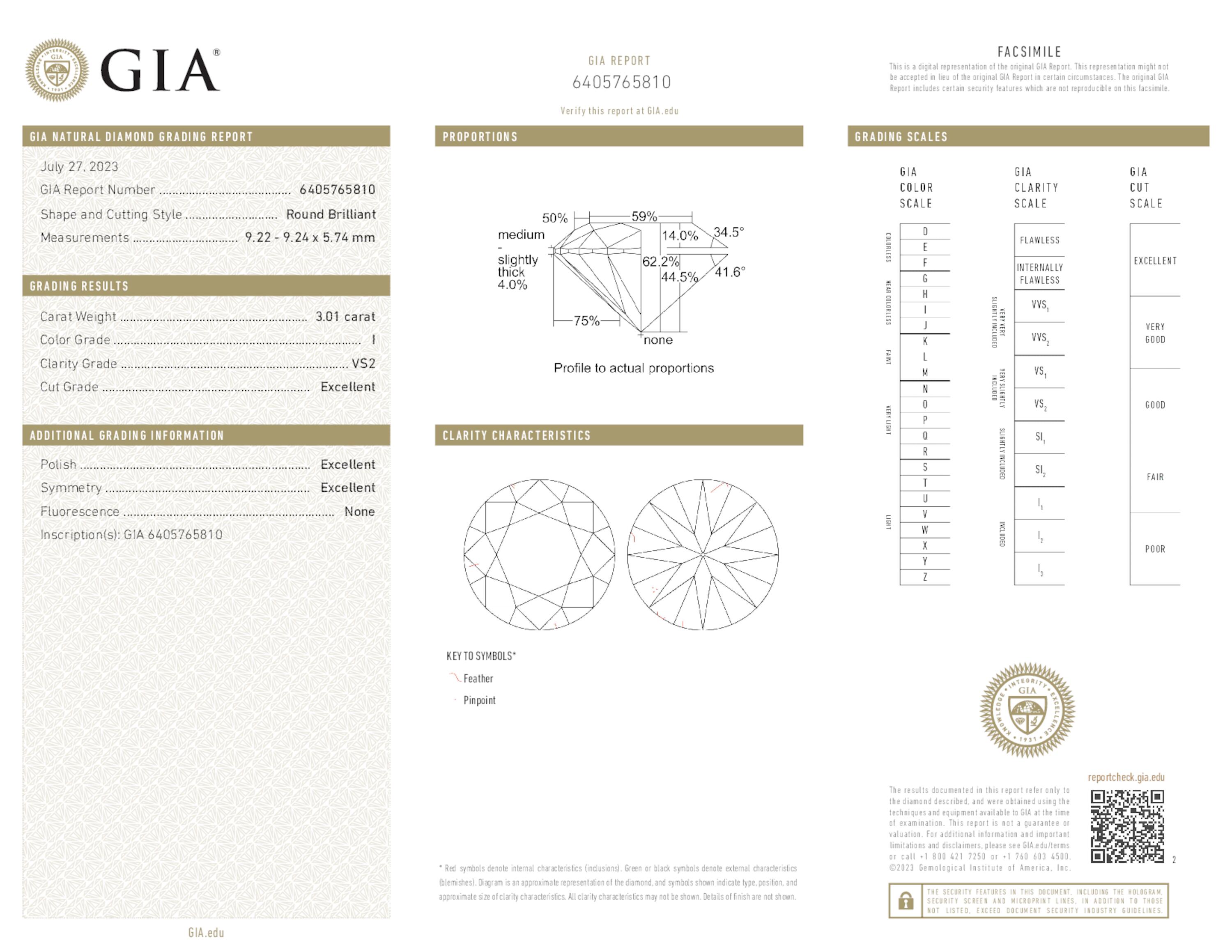 3.01 ct. Round Brilliant Diamond I VS2 EX None GIA