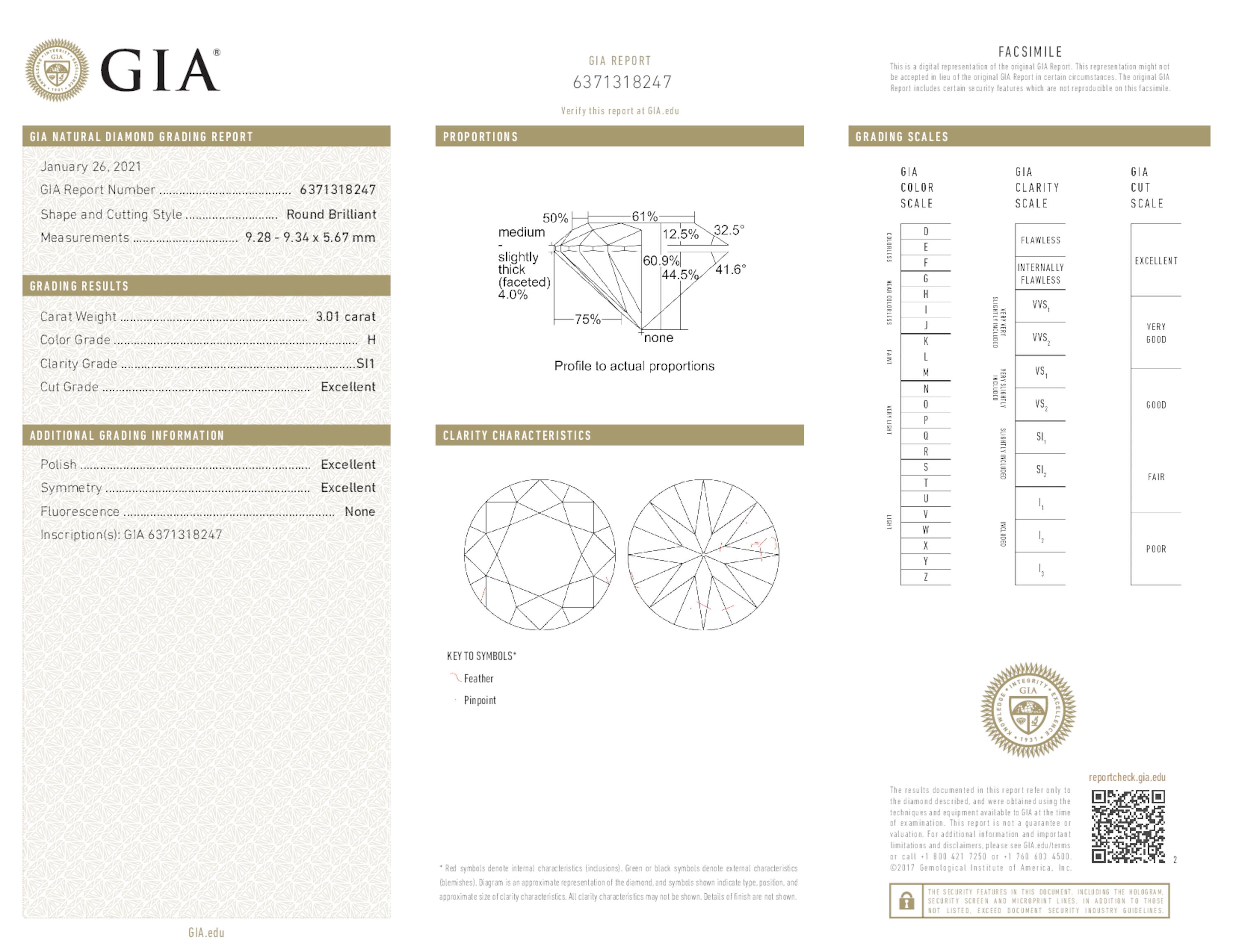 3.01 ct. Round Brilliant Diamond H SI1 EX None GIA