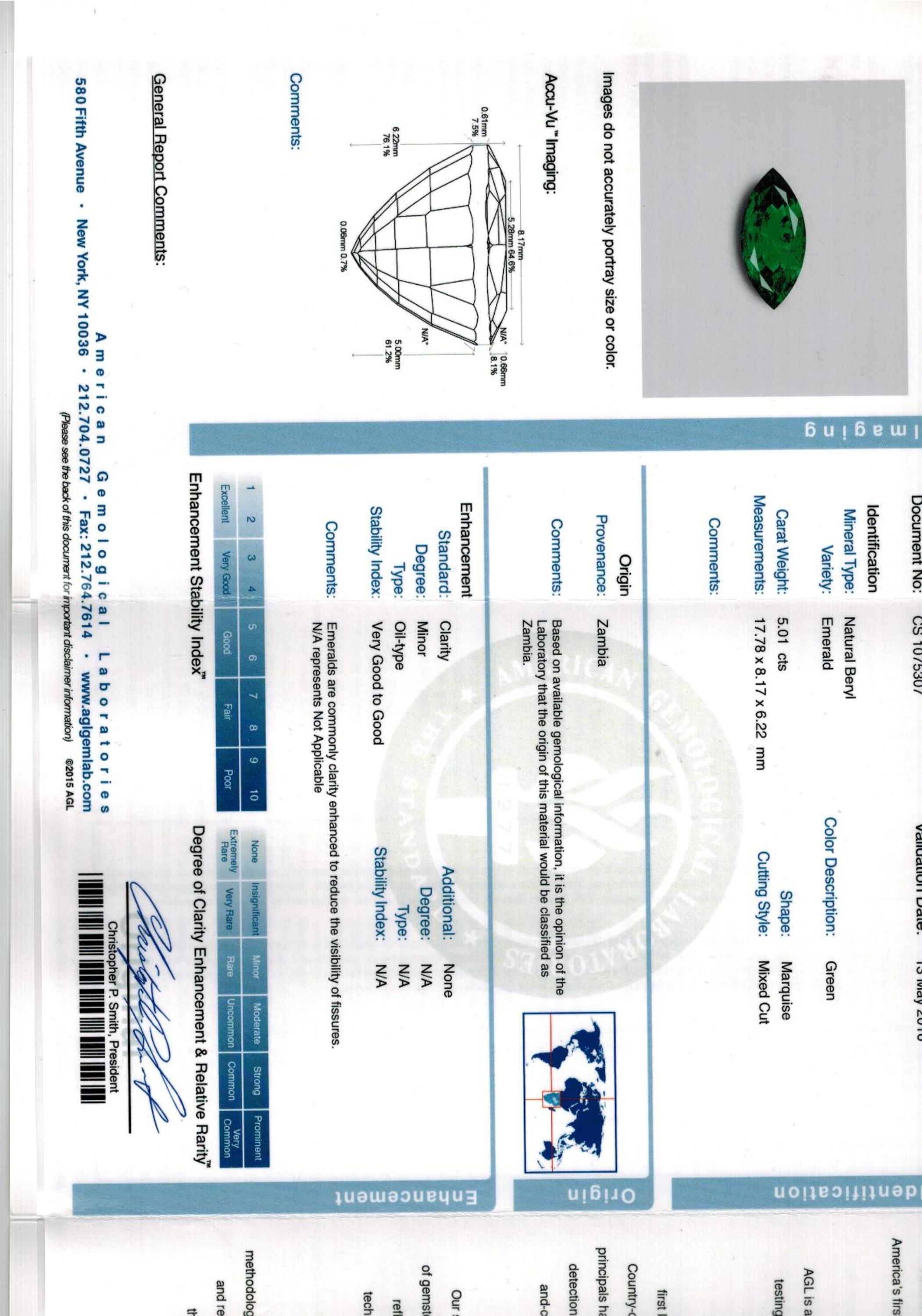 5.01 ct. Marquise Emerald AGL Minor