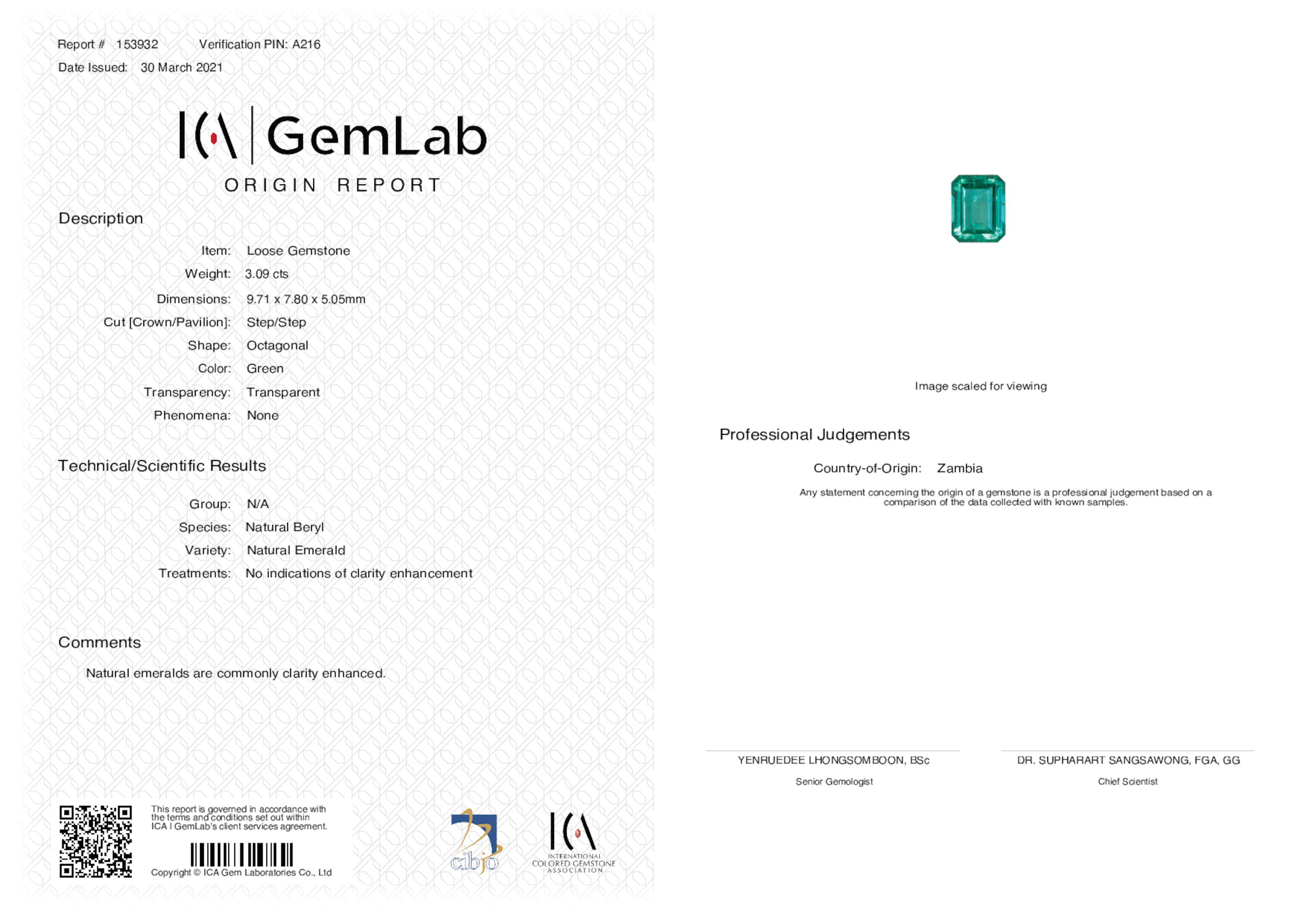 3.09 ct. Emerald ICA No Oil