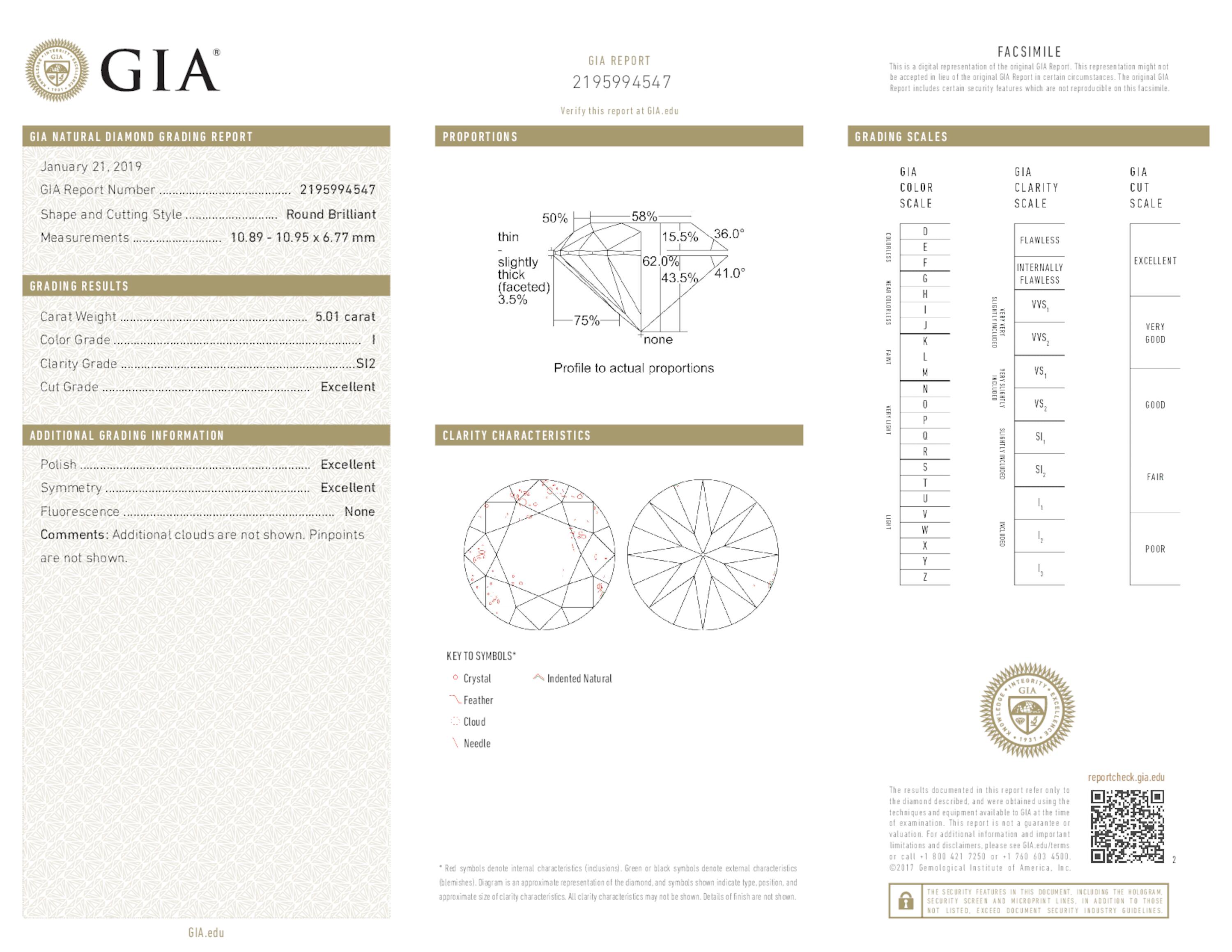 5.01 ct. Round Brilliant Diamond I SI2 EX None GIA