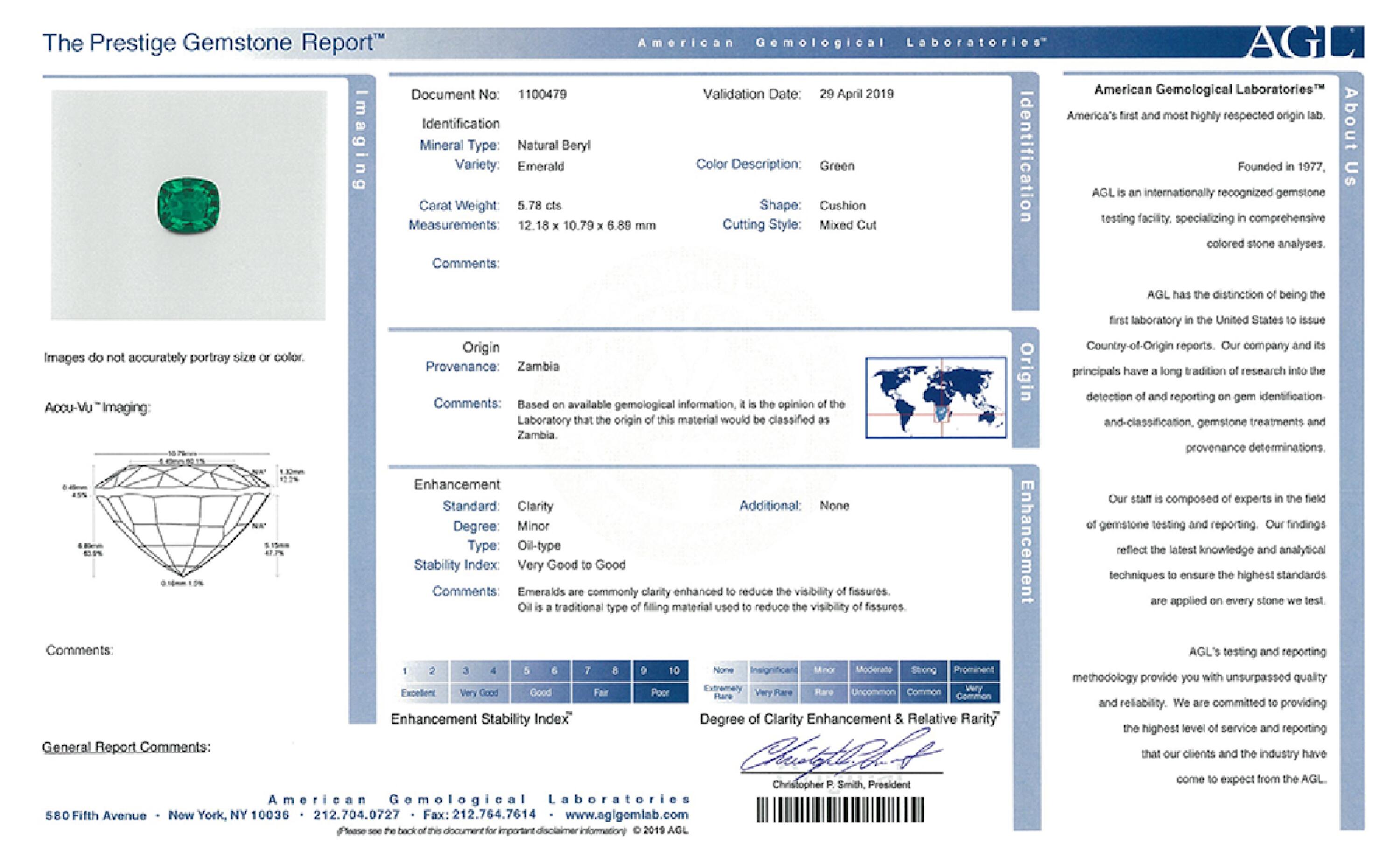 5.78 ct. Cushion Emerald AGL Minor