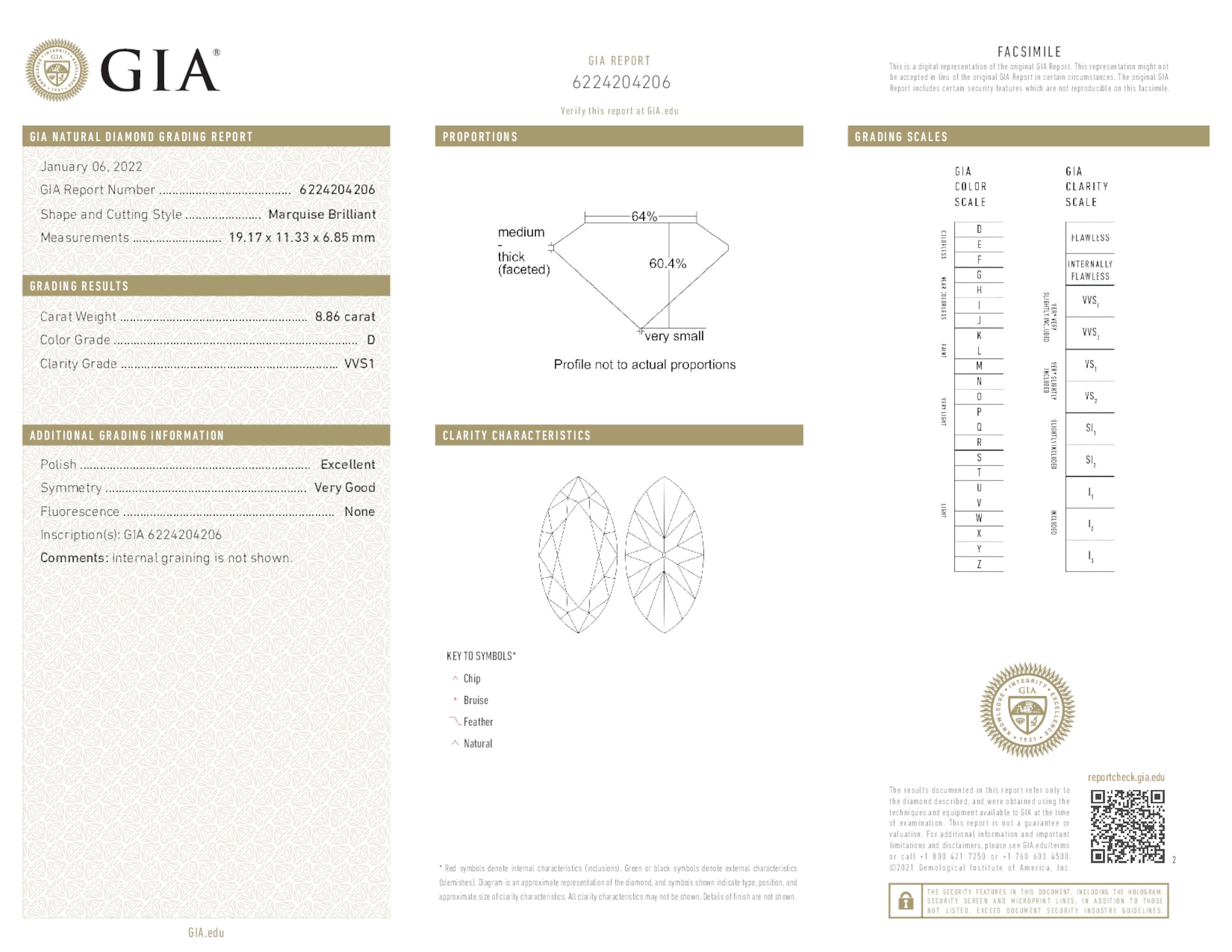 8.86 ct. Marquise Diamond D VVS1 None GIA