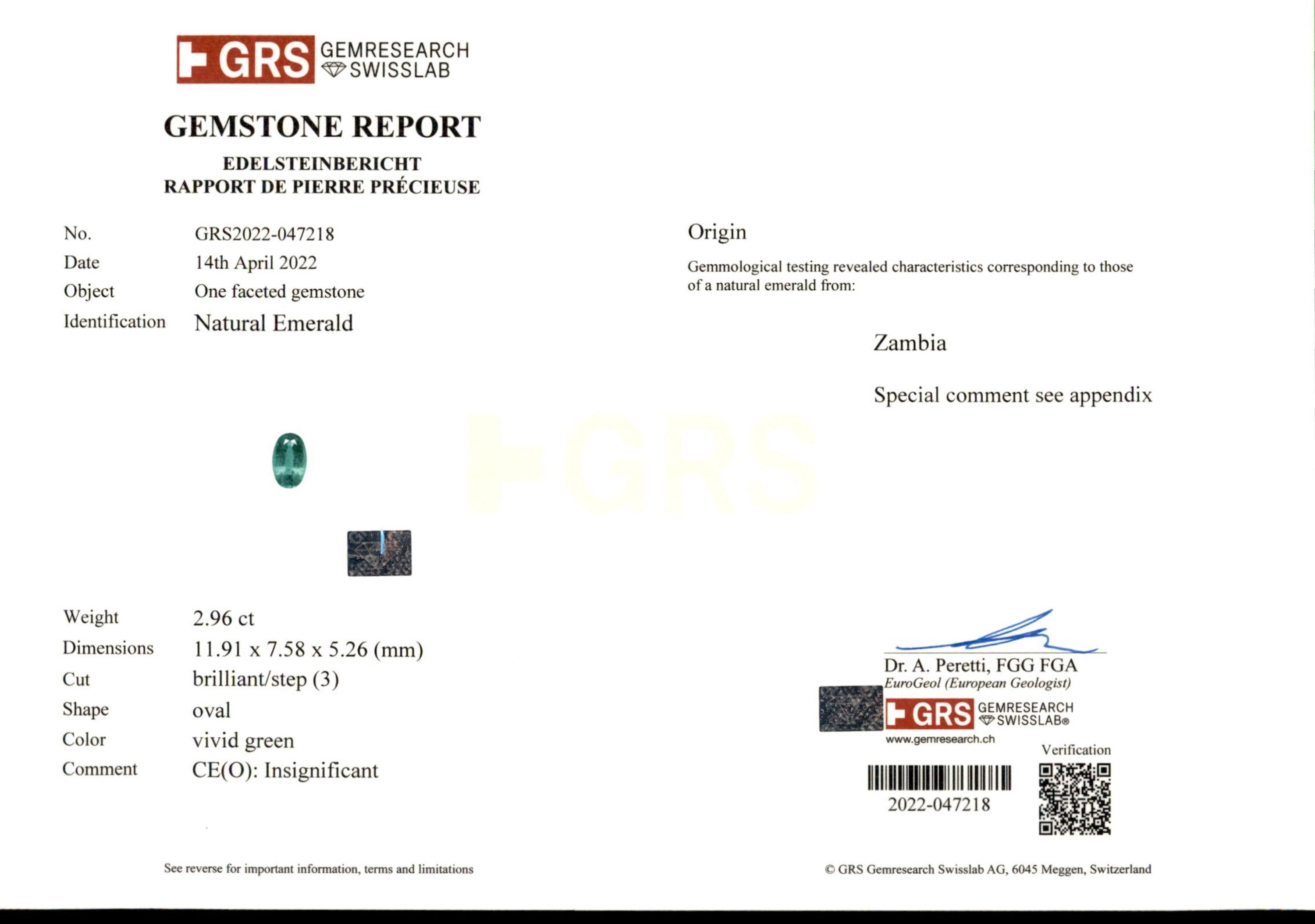 2.96 ct. Oval Emerald GRS Insignificant