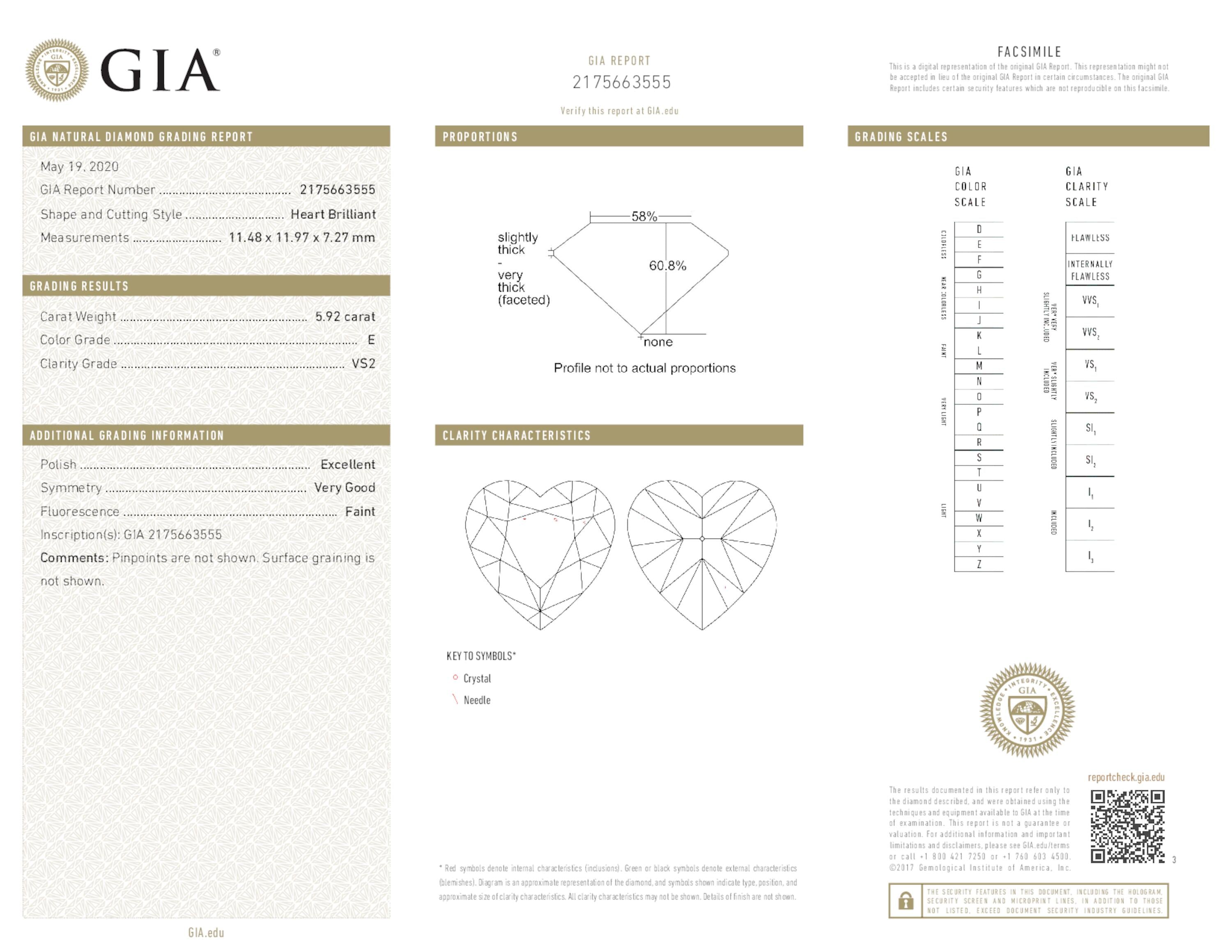 5.92 ct. Heart Shape Diamond E VS2 Faint GIA