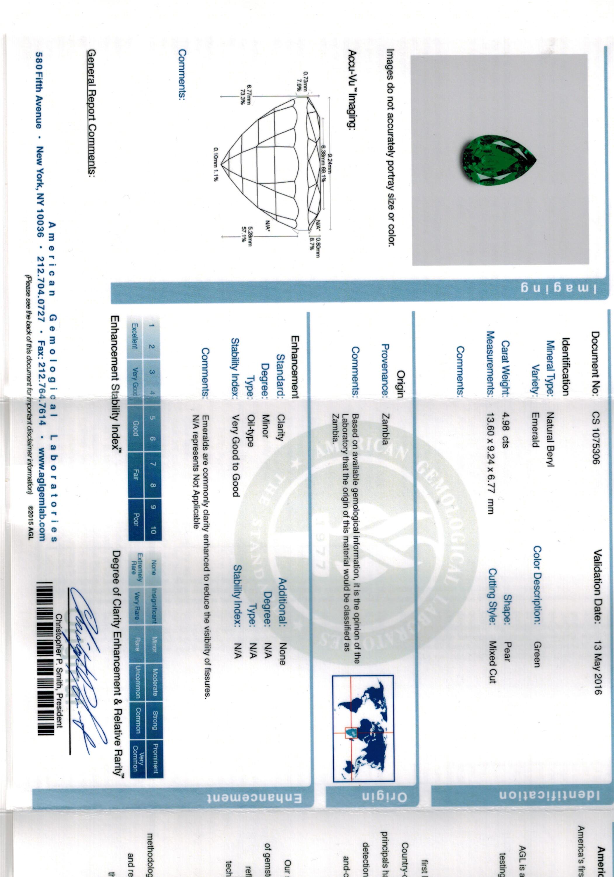 4.98 ct. Pear Shape Emerald AGL Minor