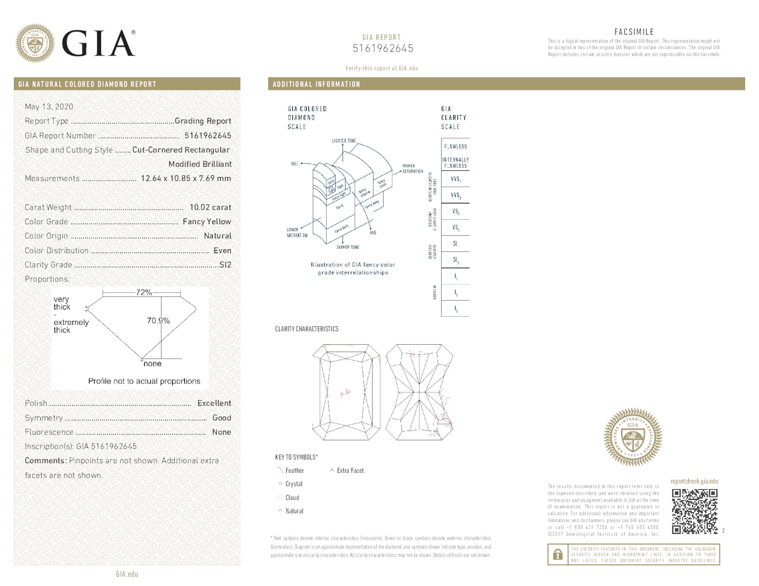 10.02 ct. Radiant Fancy Yellow SI2 None GIA