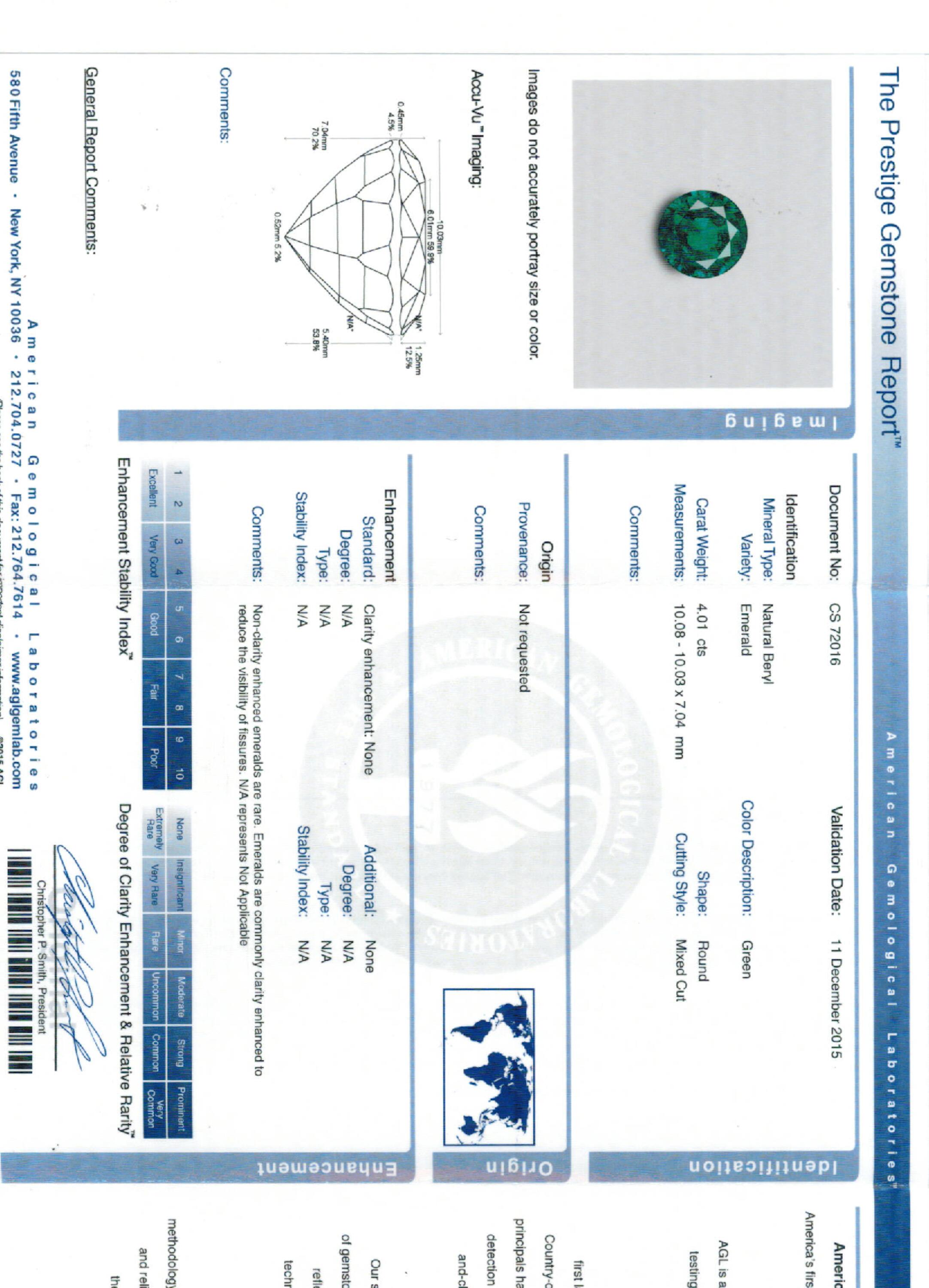 4.01 ct. Round Brilliant Emerald AGL No Oil