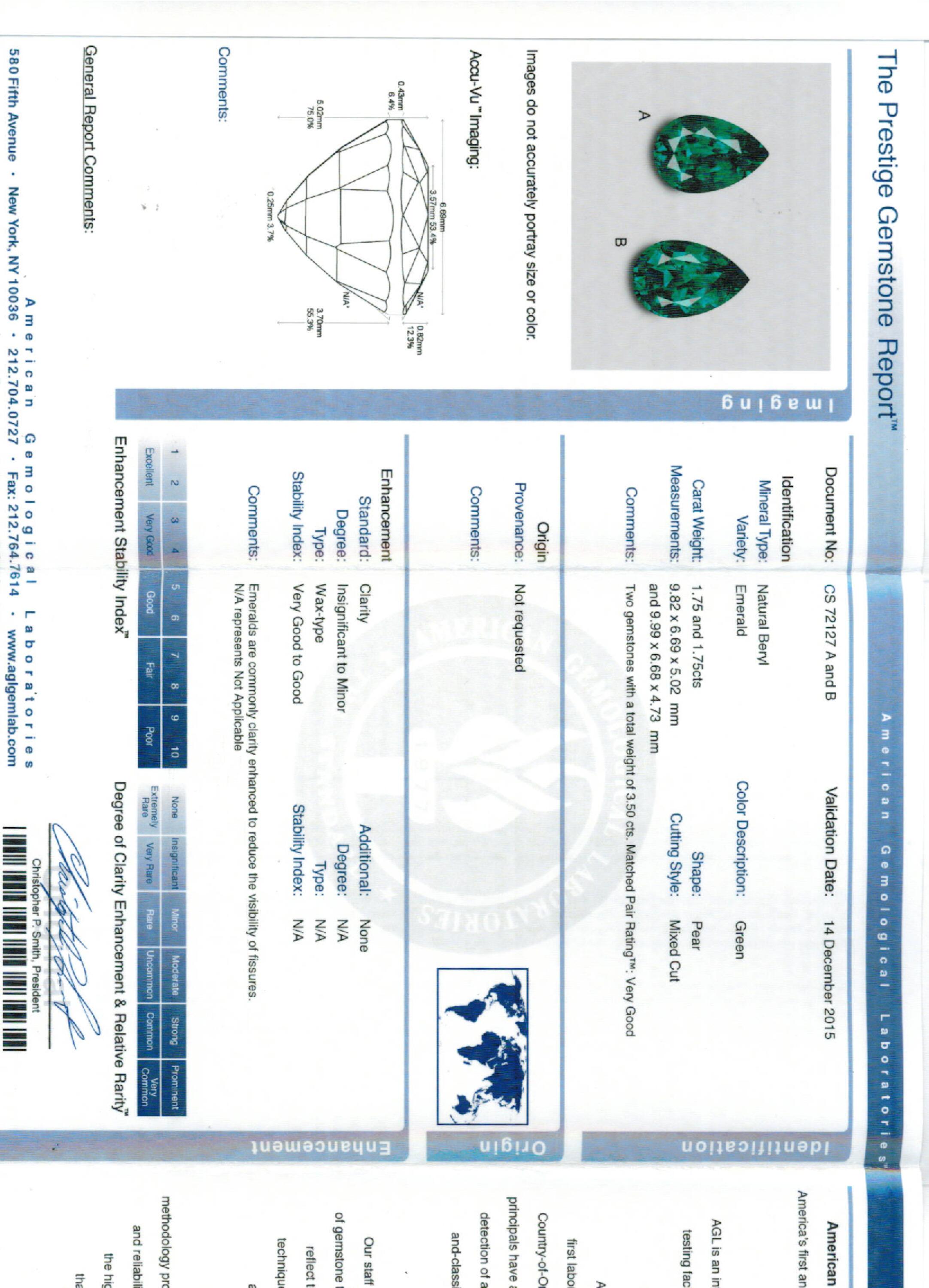 1.75 ct. Pear Shape Emerald AGL Insignificant to Minor