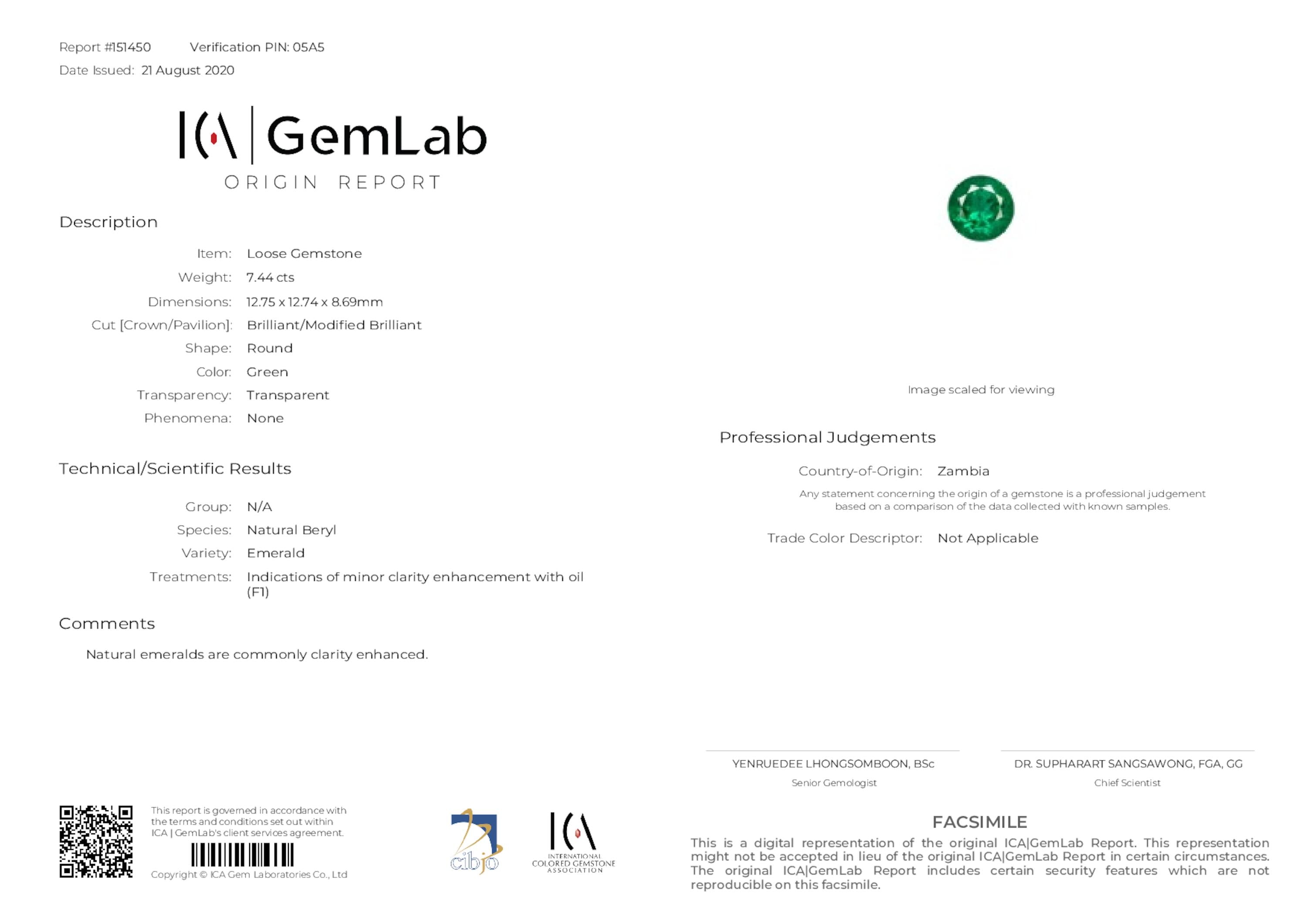 7.44 ct. Round Brilliant Emerald ICA Minor