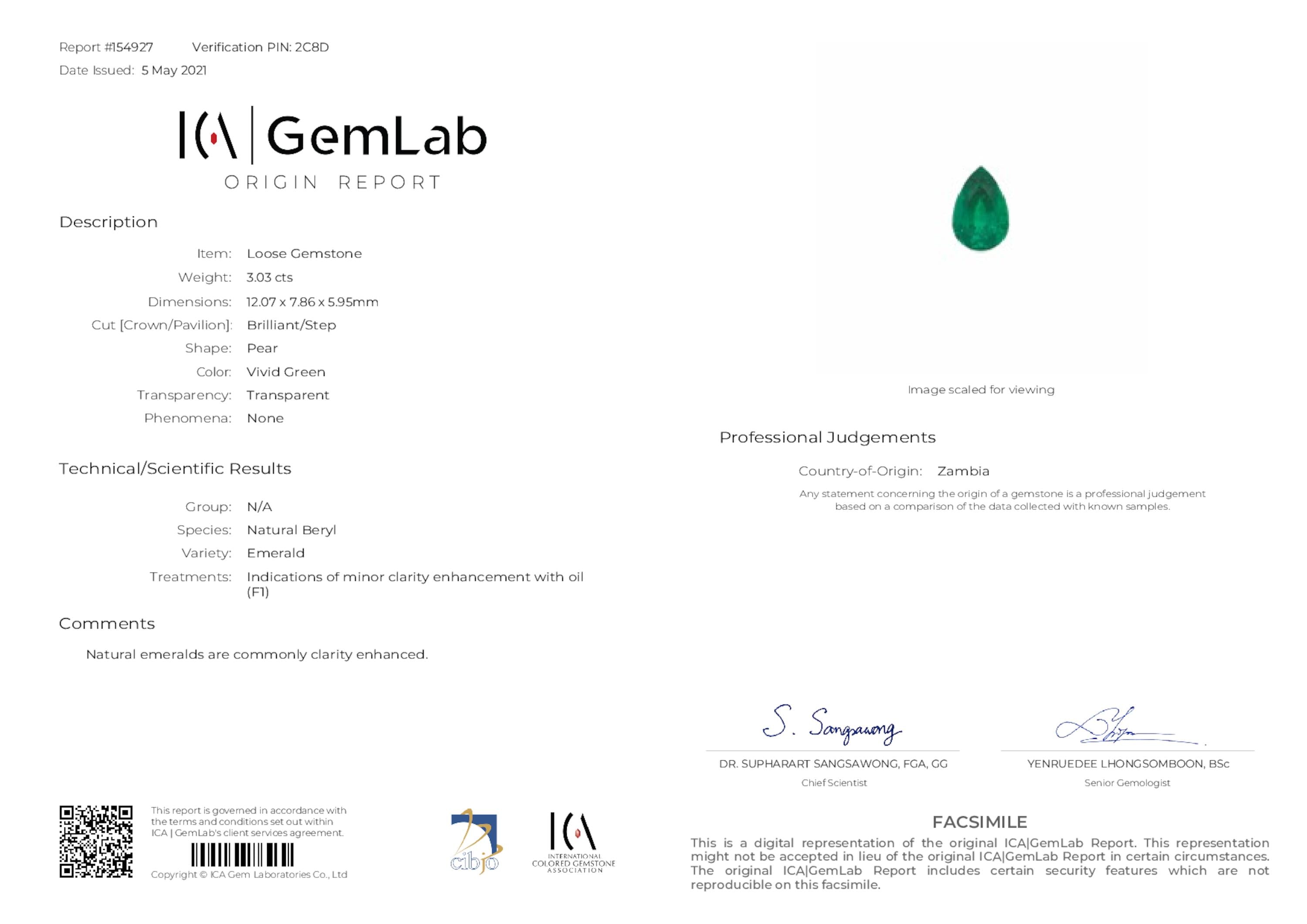 3.03 ct. Pear Shape Emerald ICA Minor