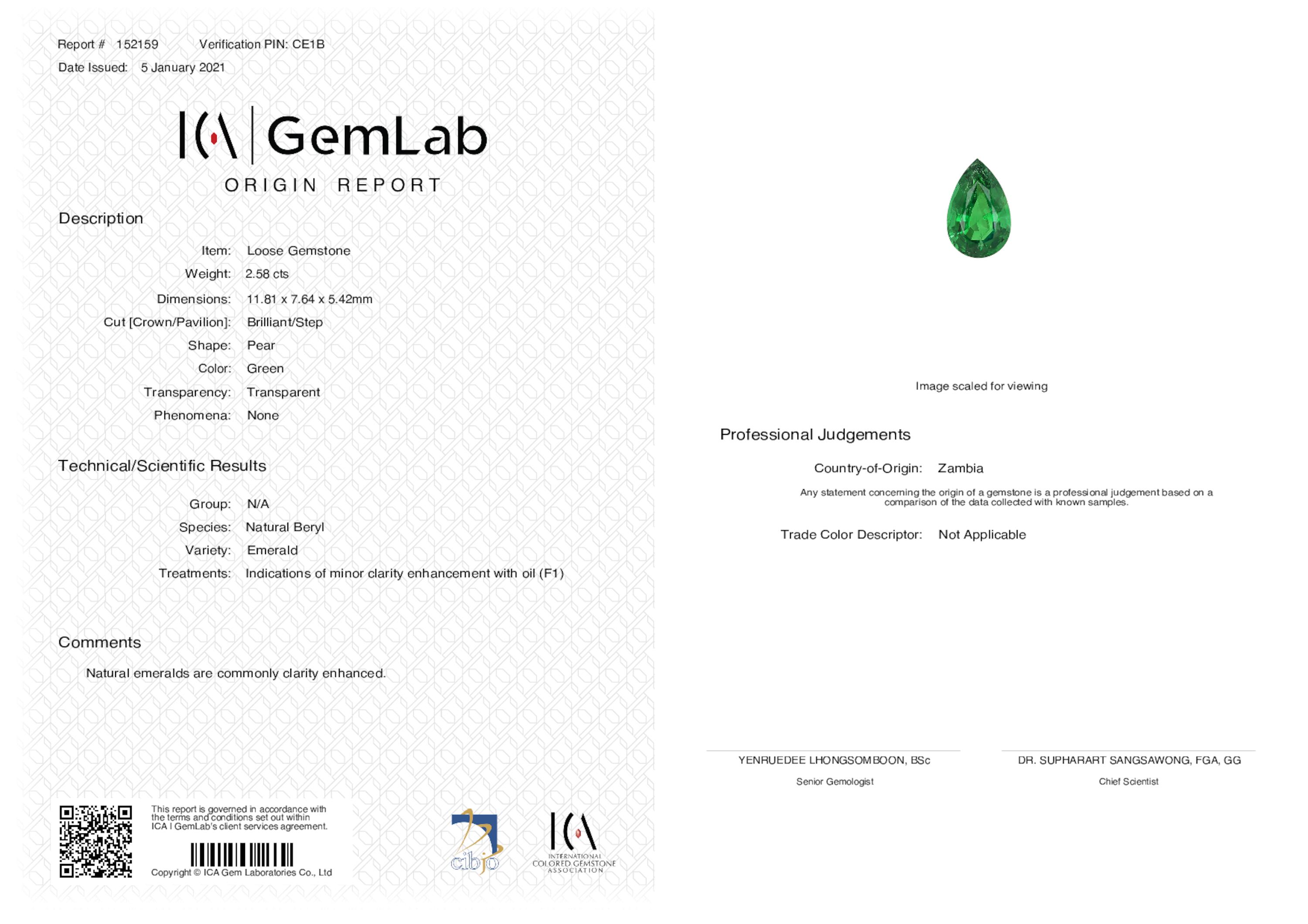 2.58 ct. Pear Shape Emerald ICA Minor