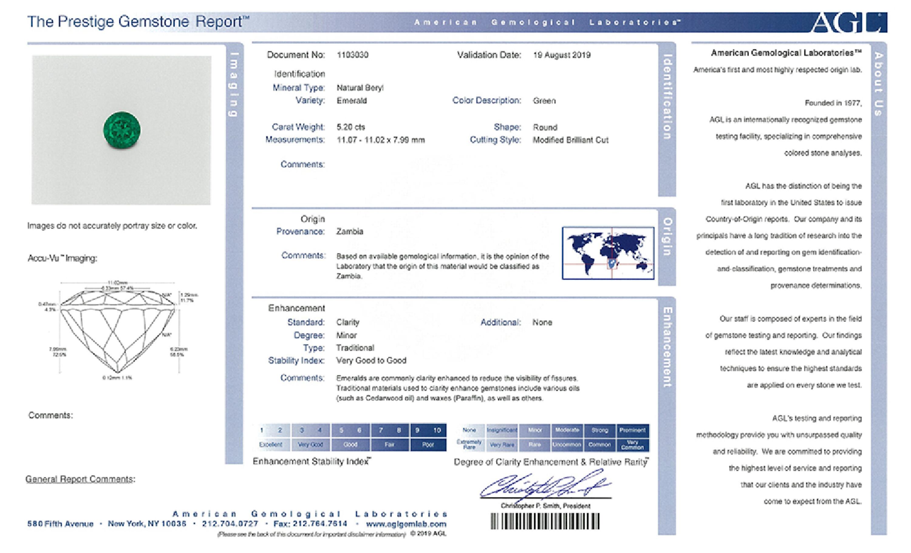 5.20 ct. Round Brilliant Emerald AGL Minor