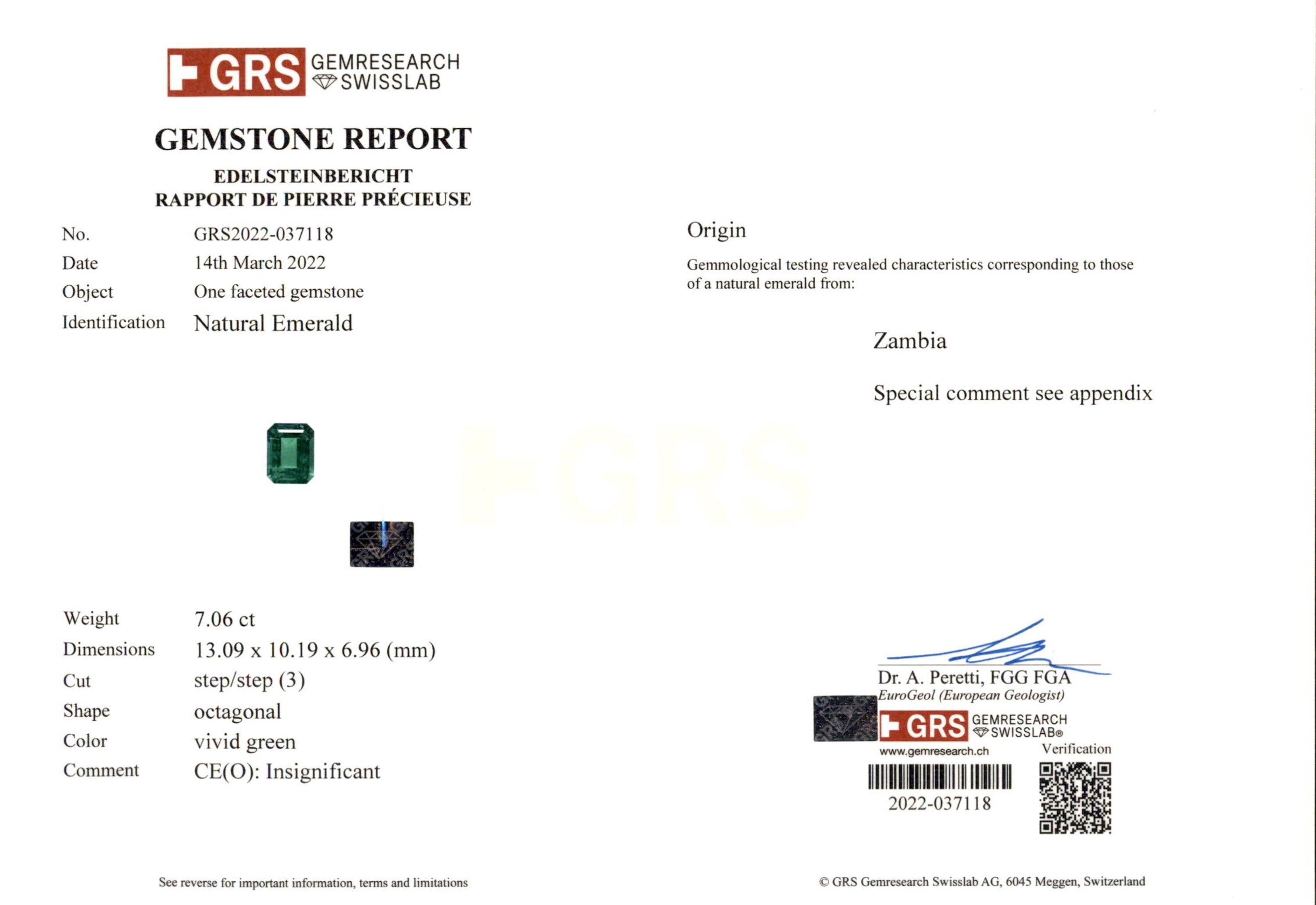 7.06 ct. Emerald GRS Insignificant