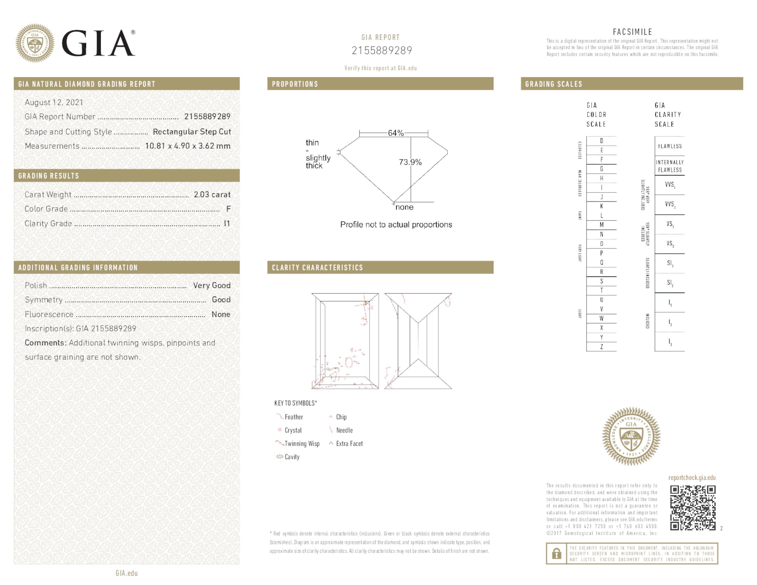 2.03 ct. Baguette Diamond F I1 None GIA