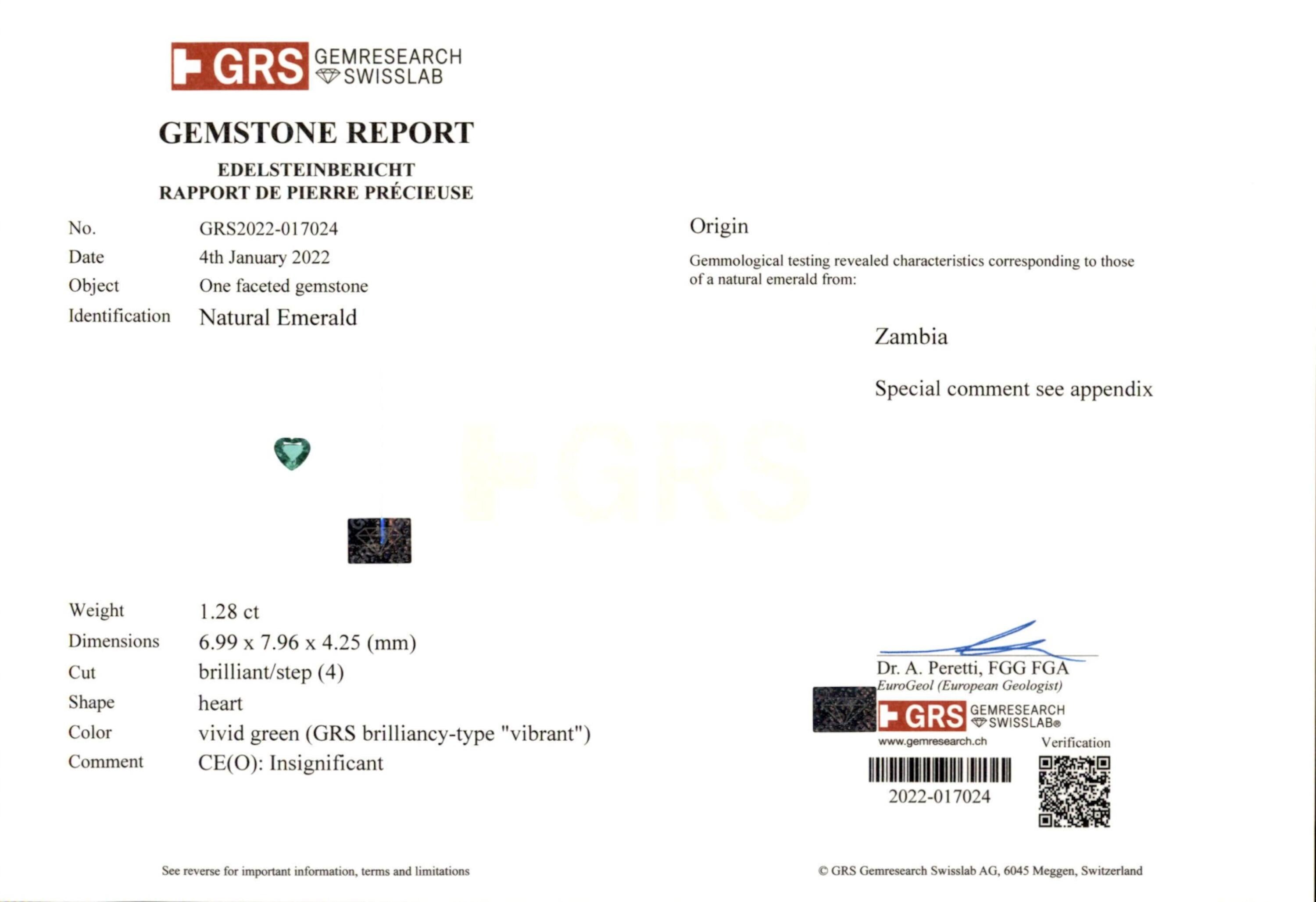 1.28 ct. Heart Shape Emerald GRS Insignificant