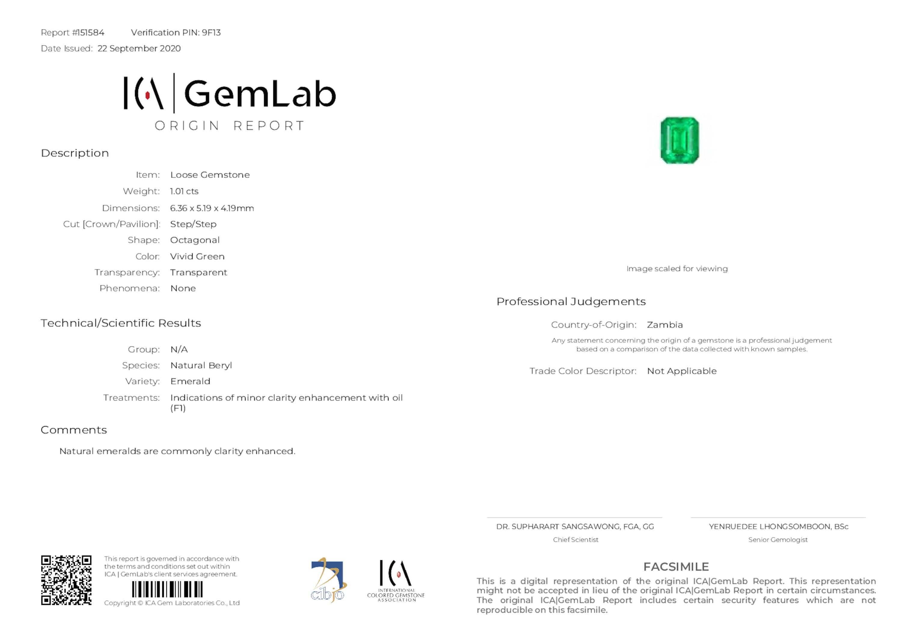 1.01 ct. Emerald ICA Minor