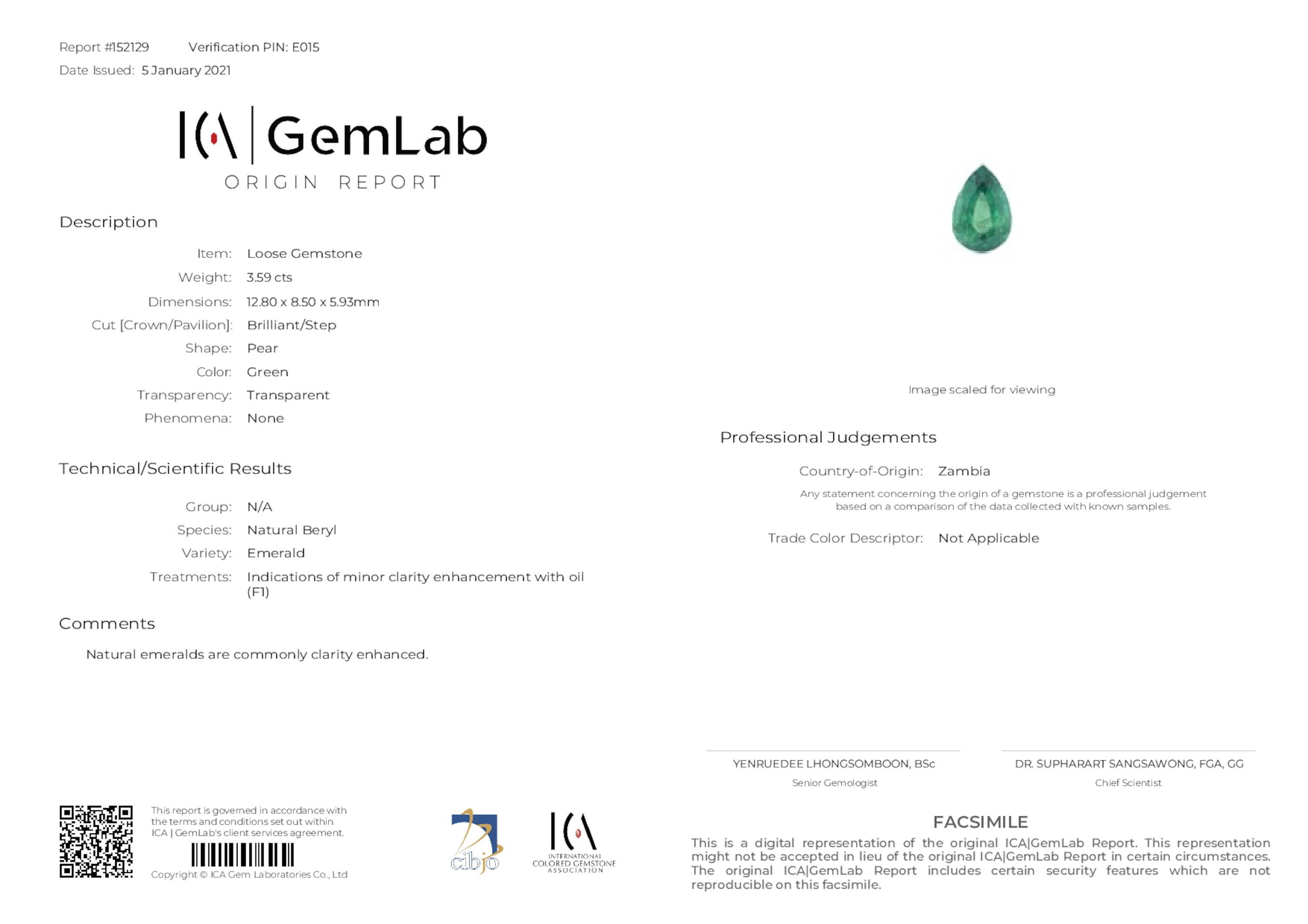 3.59 ct. Pear Shape Emerald ICA Minor