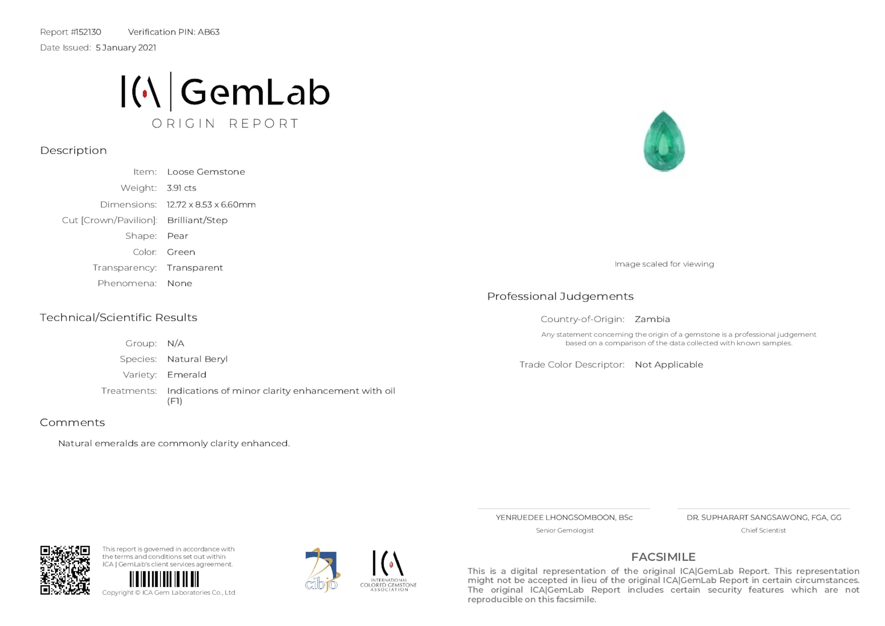 3.91 ct. Pear Shape Emerald ICA Minor