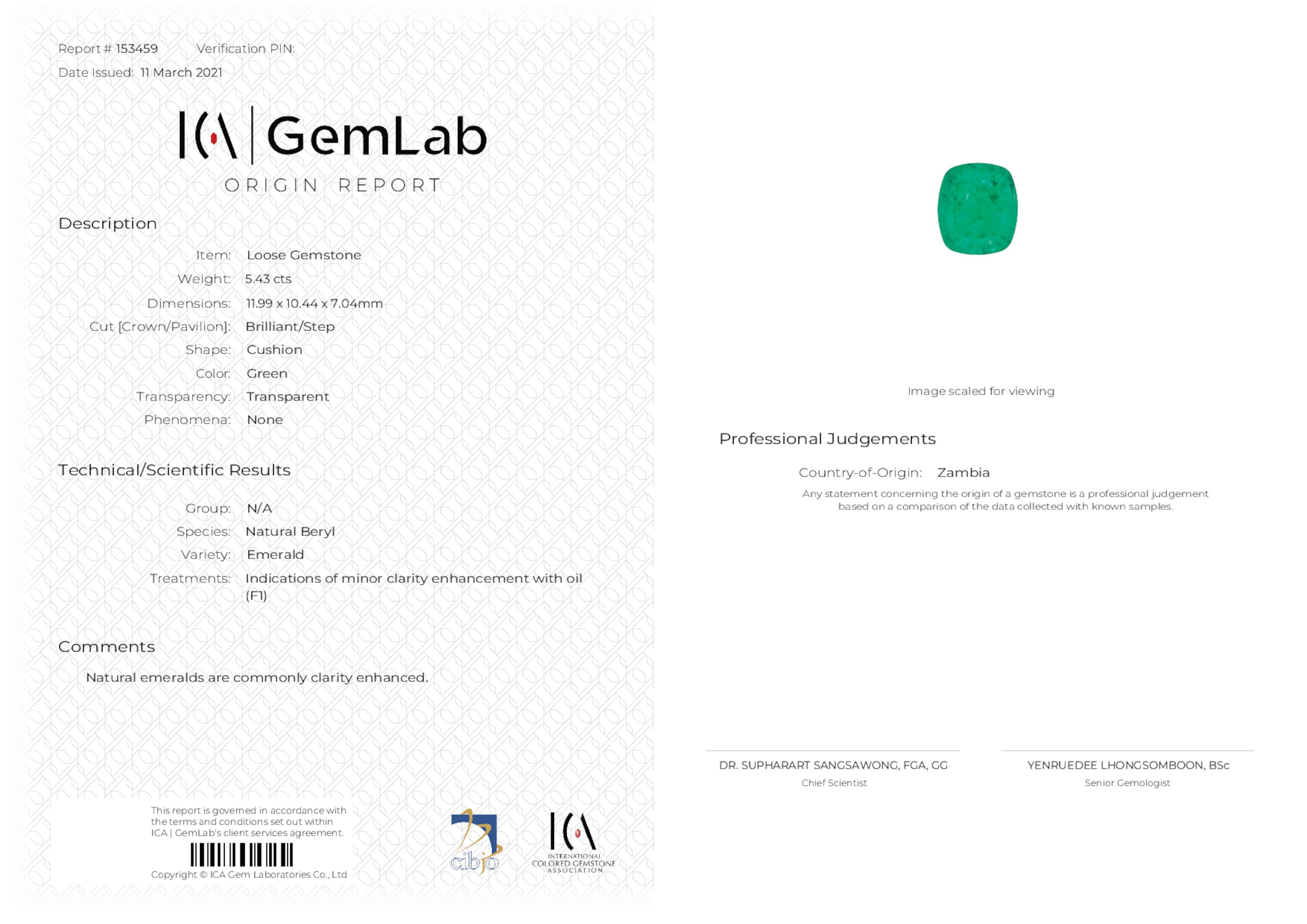 5.43 ct. Cushion Emerald ICA Minor