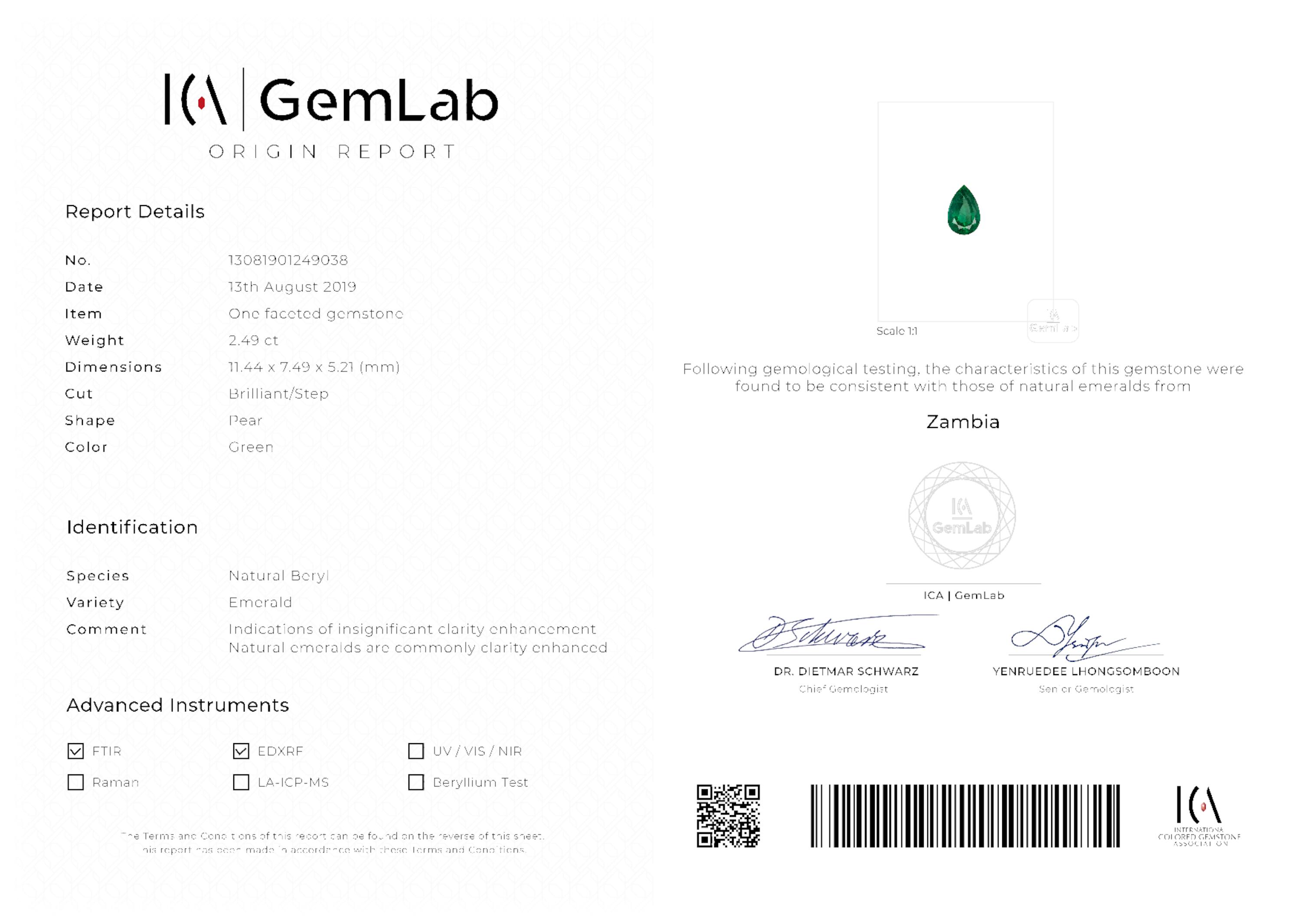 2.49 ct. Pear Shape Emerald ICA Insignificant