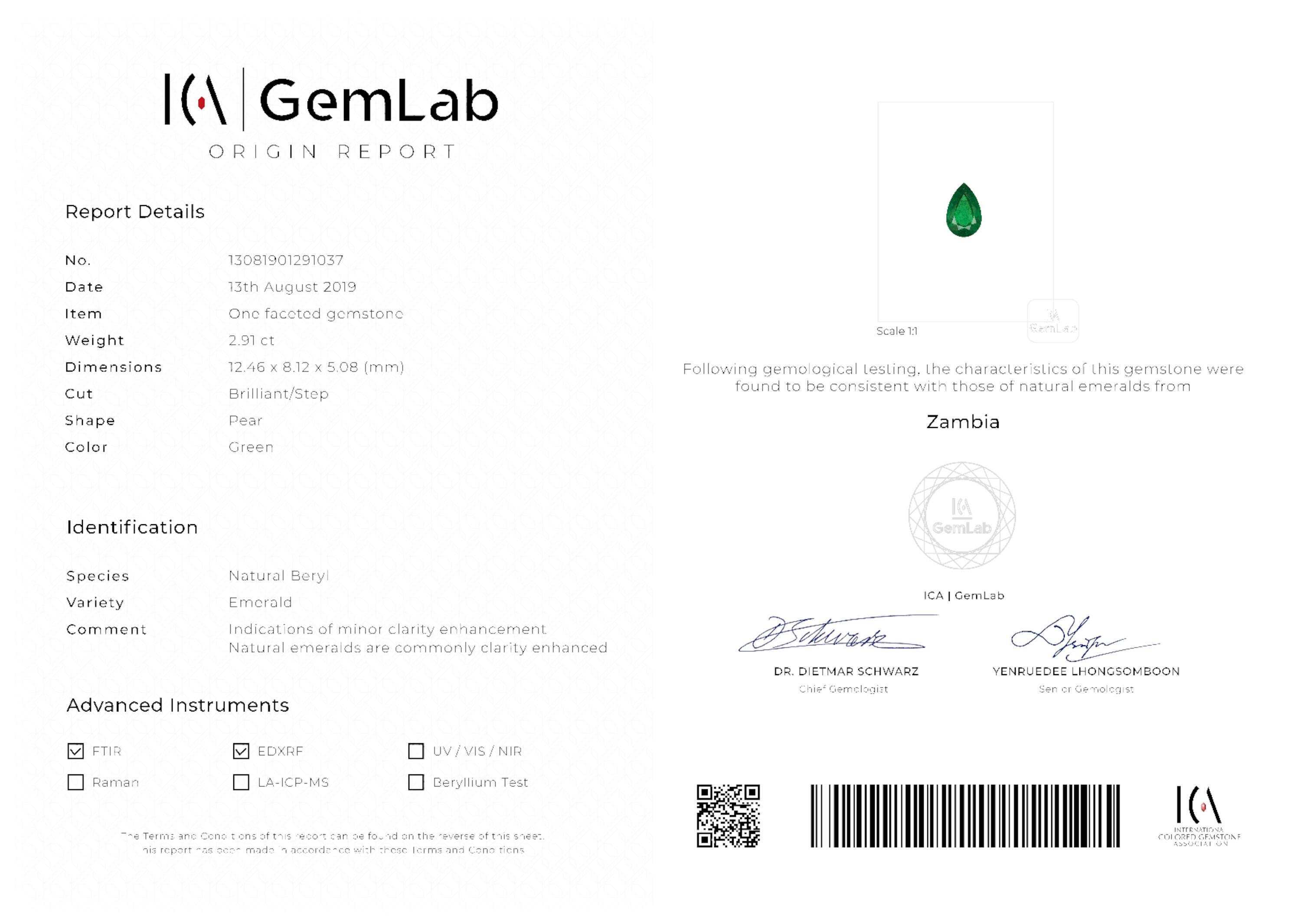 2.91 ct. Pear Shape Emerald ICA Minor