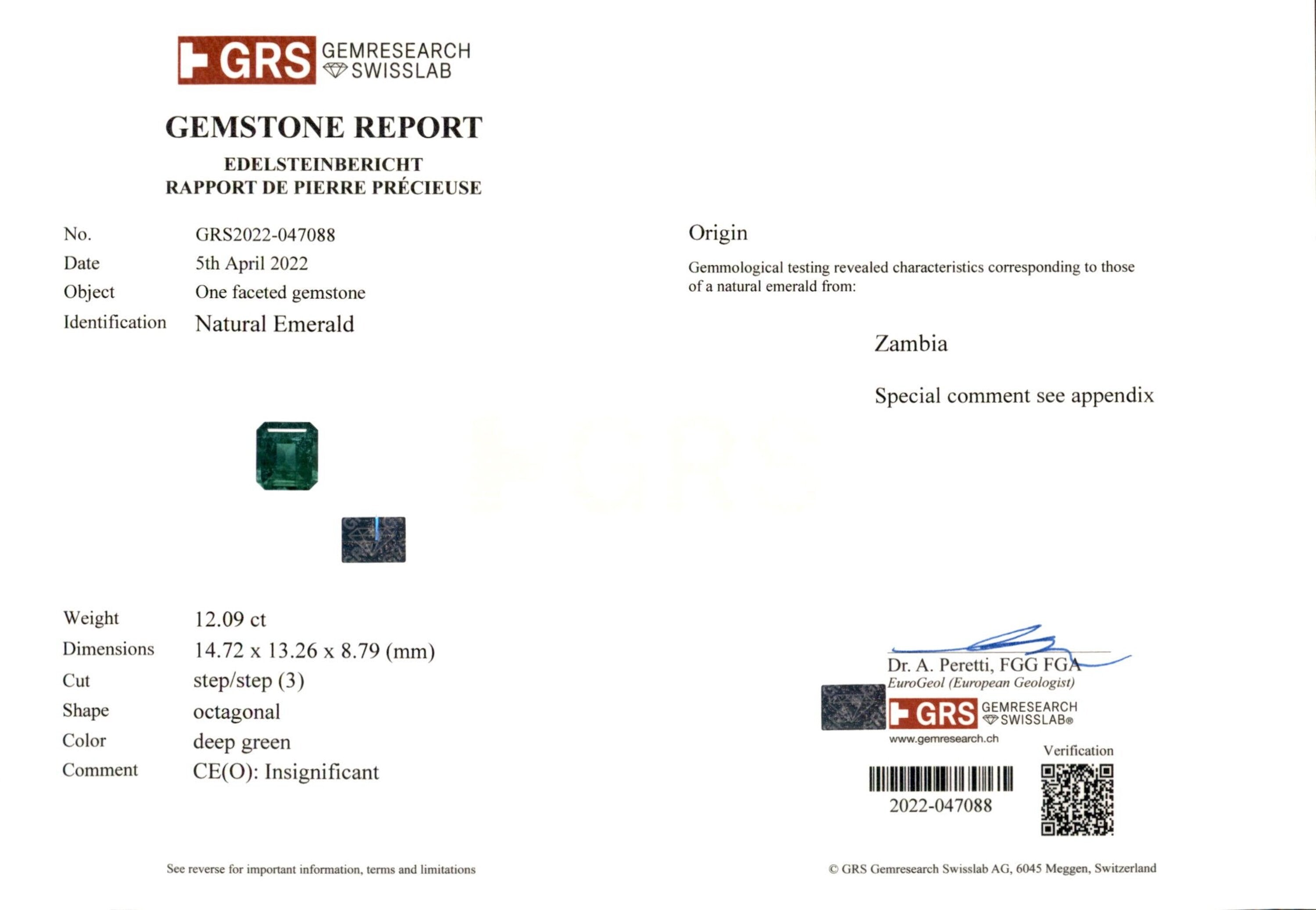 12.09 ct. Emerald GRS Insignificant