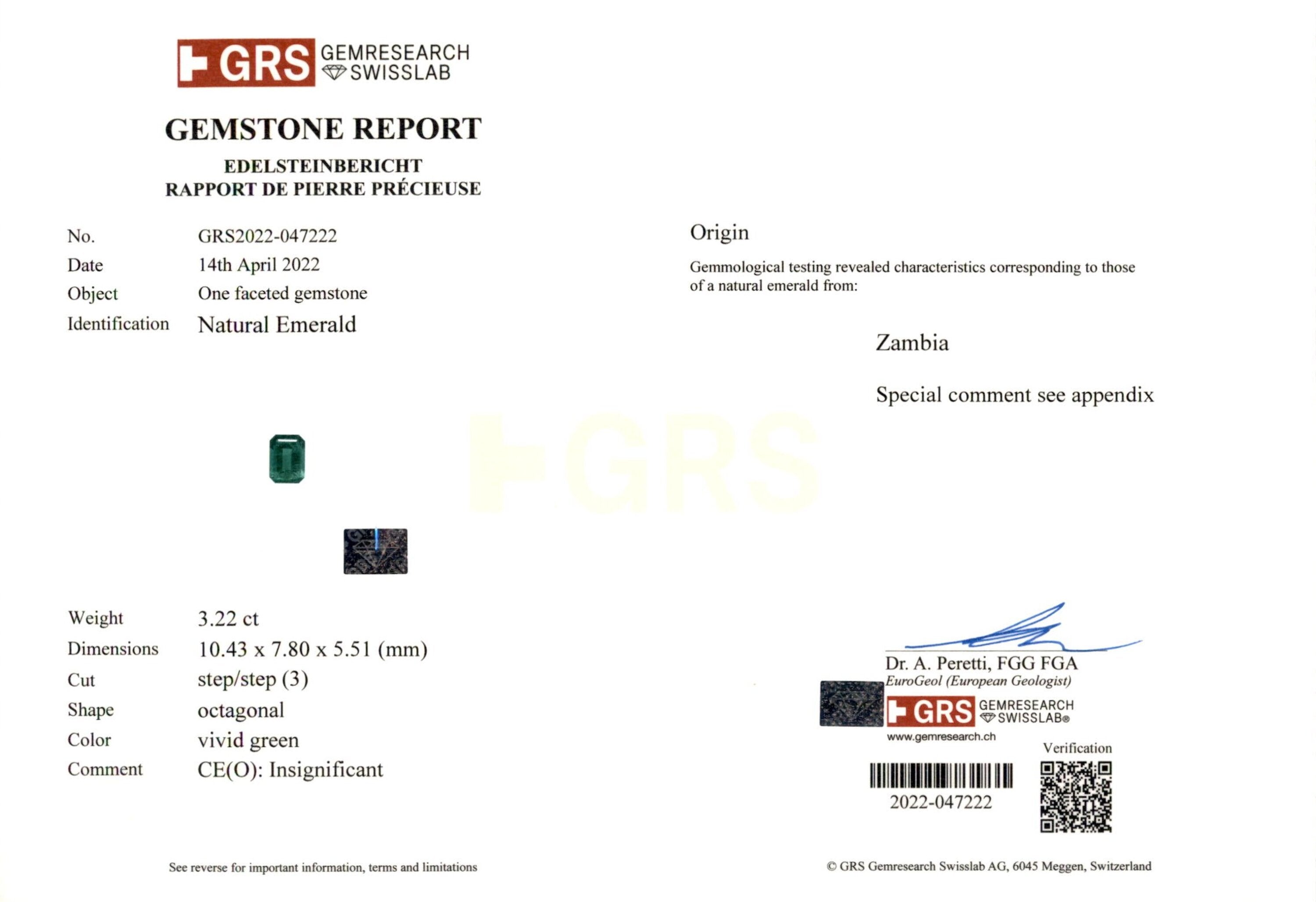 3.22 ct. Emerald GRS Insignificant