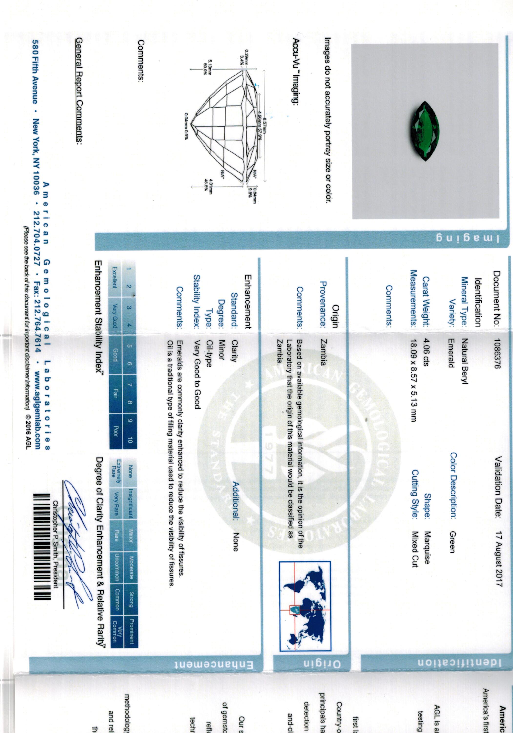 4.06 ct. Marquise Emerald AGL Minor