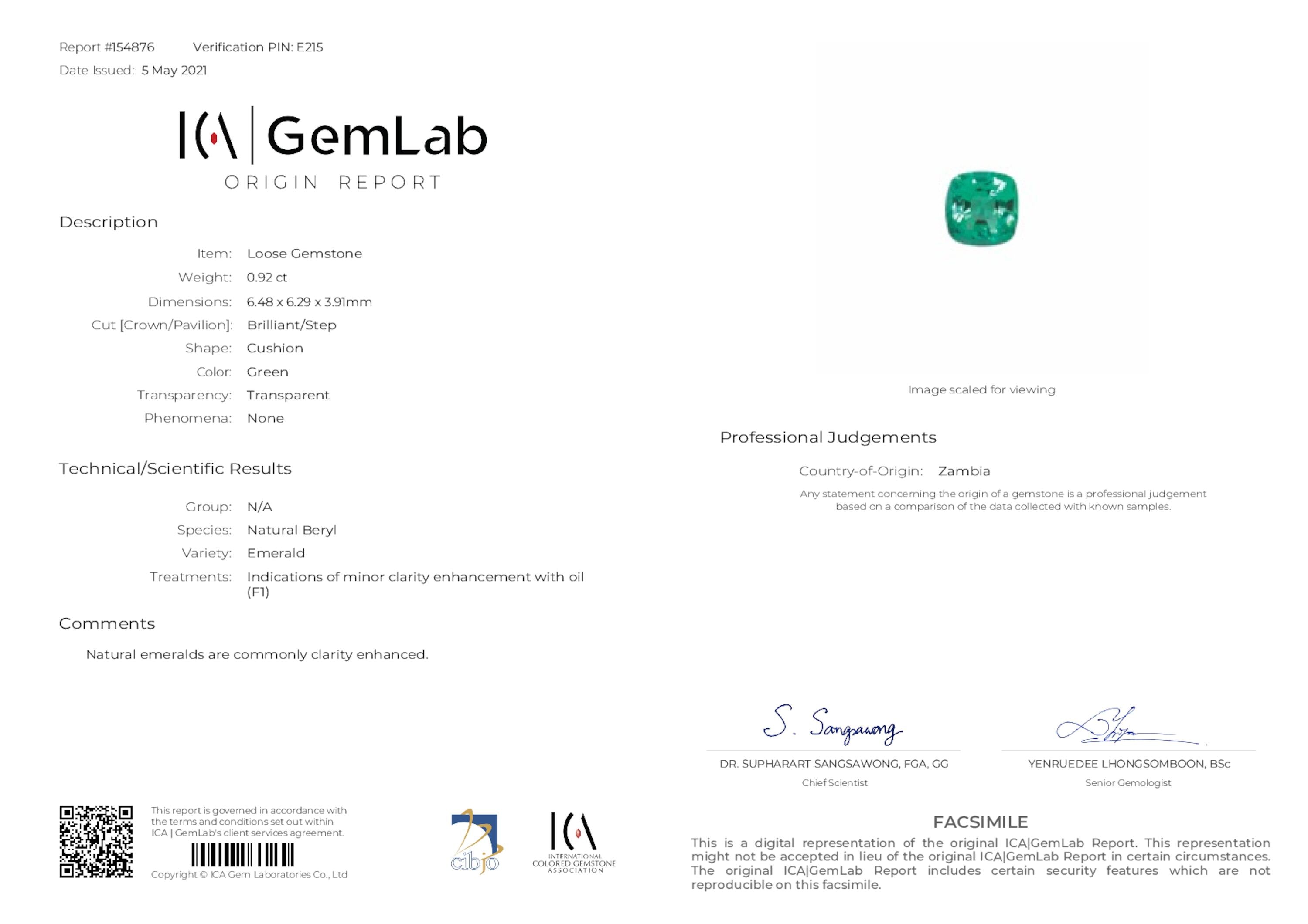 0.92 ct. Cushion Emerald ICA Minor