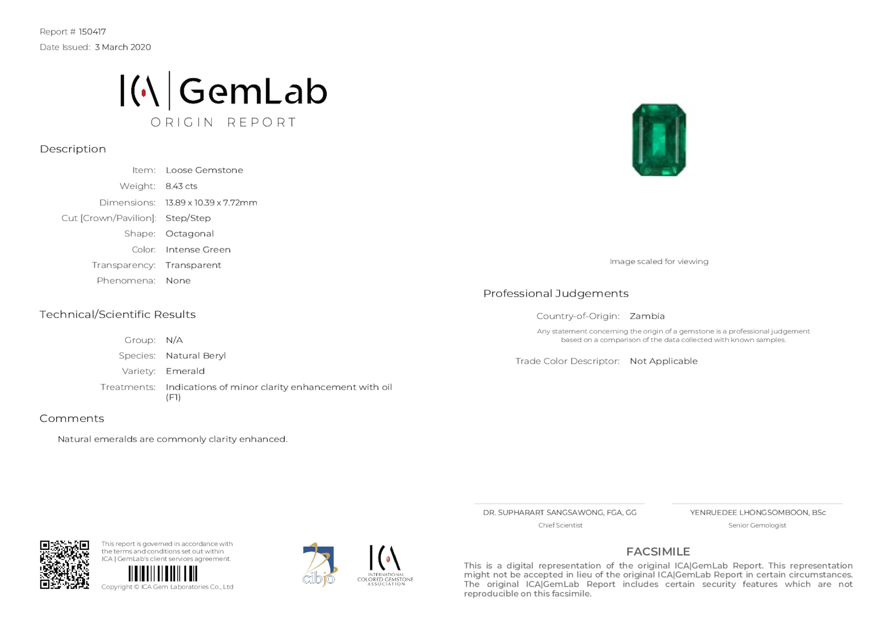 8.43 ct. Emerald ICA Insignificant to Minor