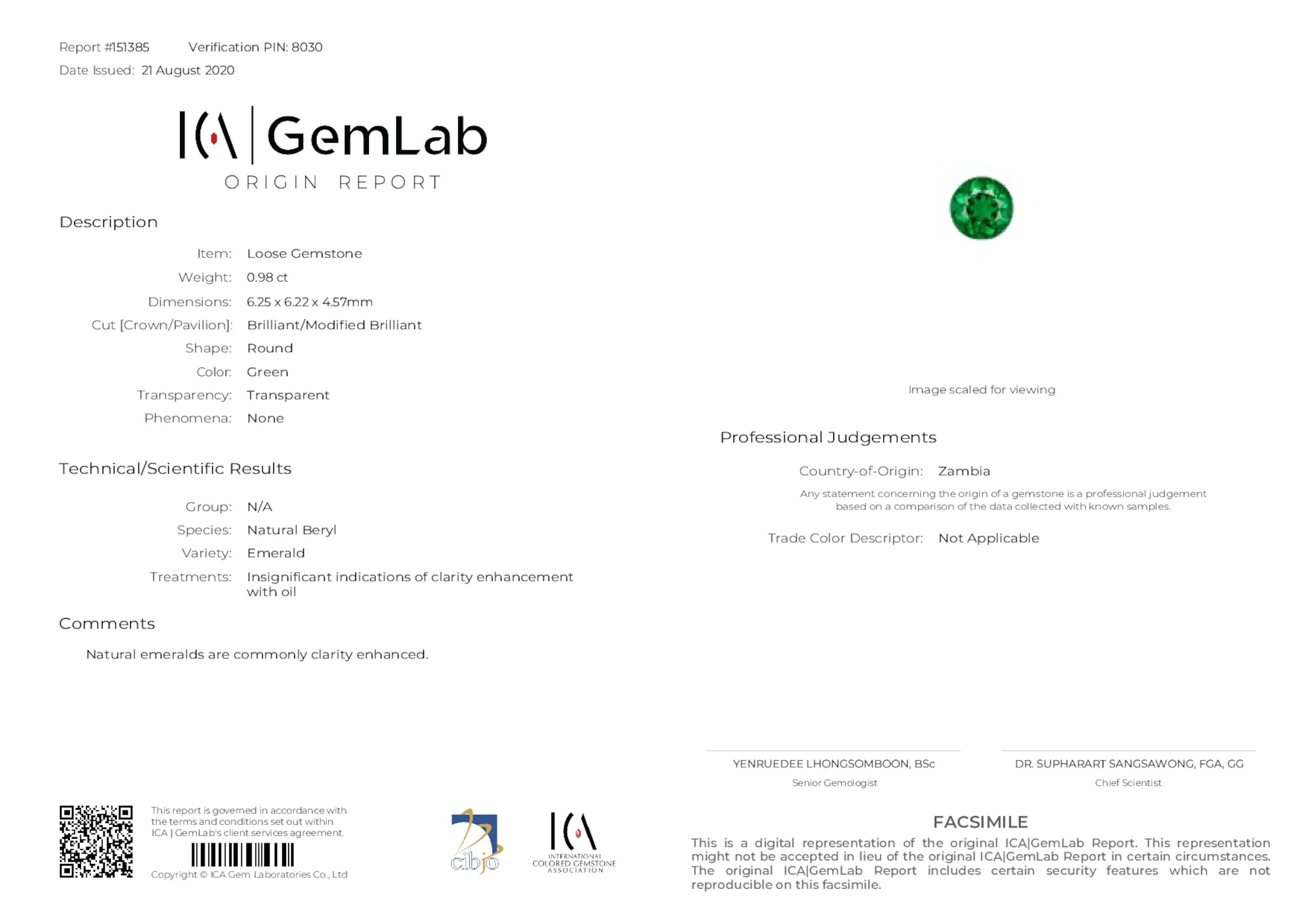 0.98 ct. Round Brilliant Emerald ICA Insignificant to Minor