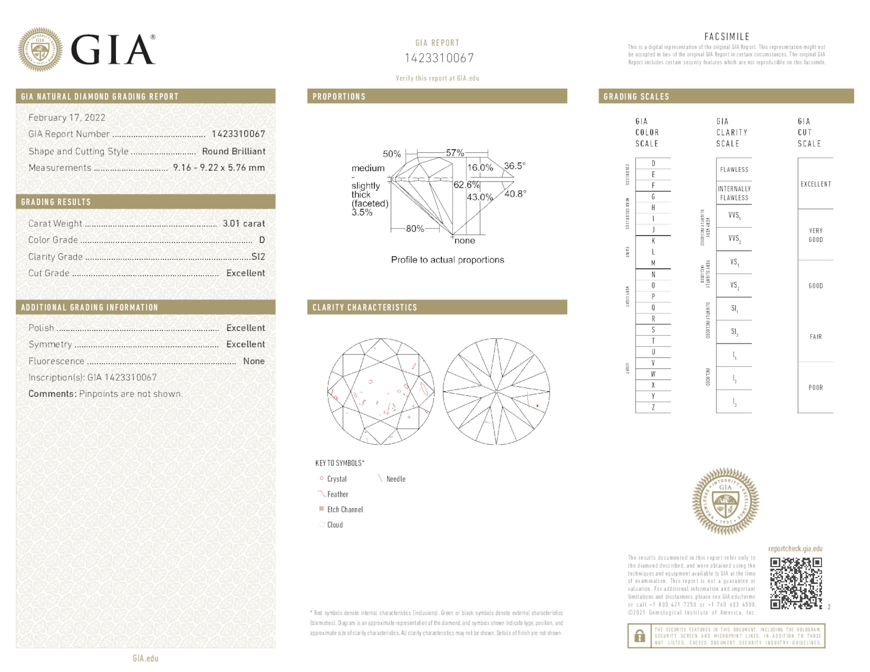 3.01 ct. Round Brilliant Diamond D SI2 EX None GIA