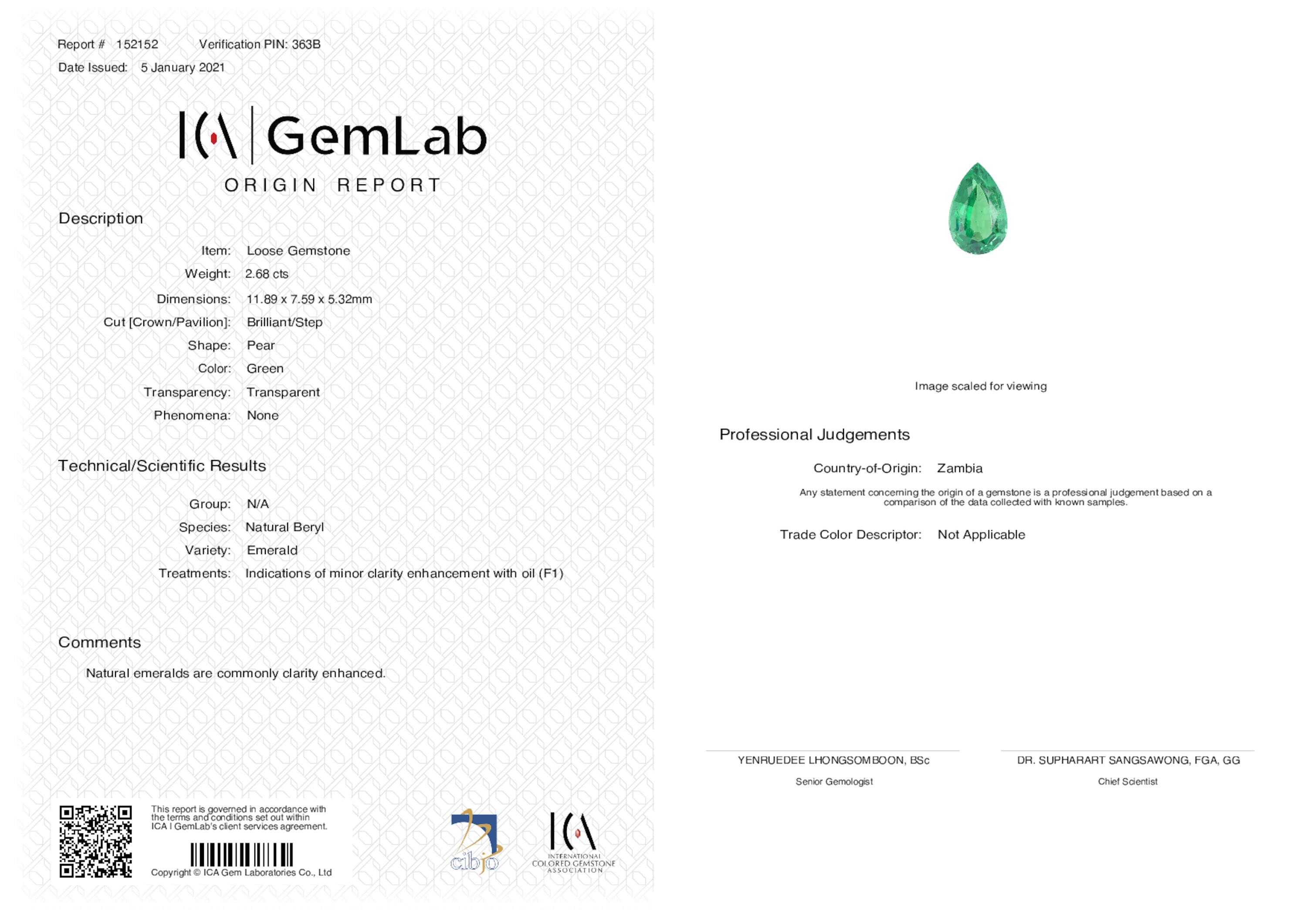 2.68 ct. Pear Shape Emerald ICA Minor