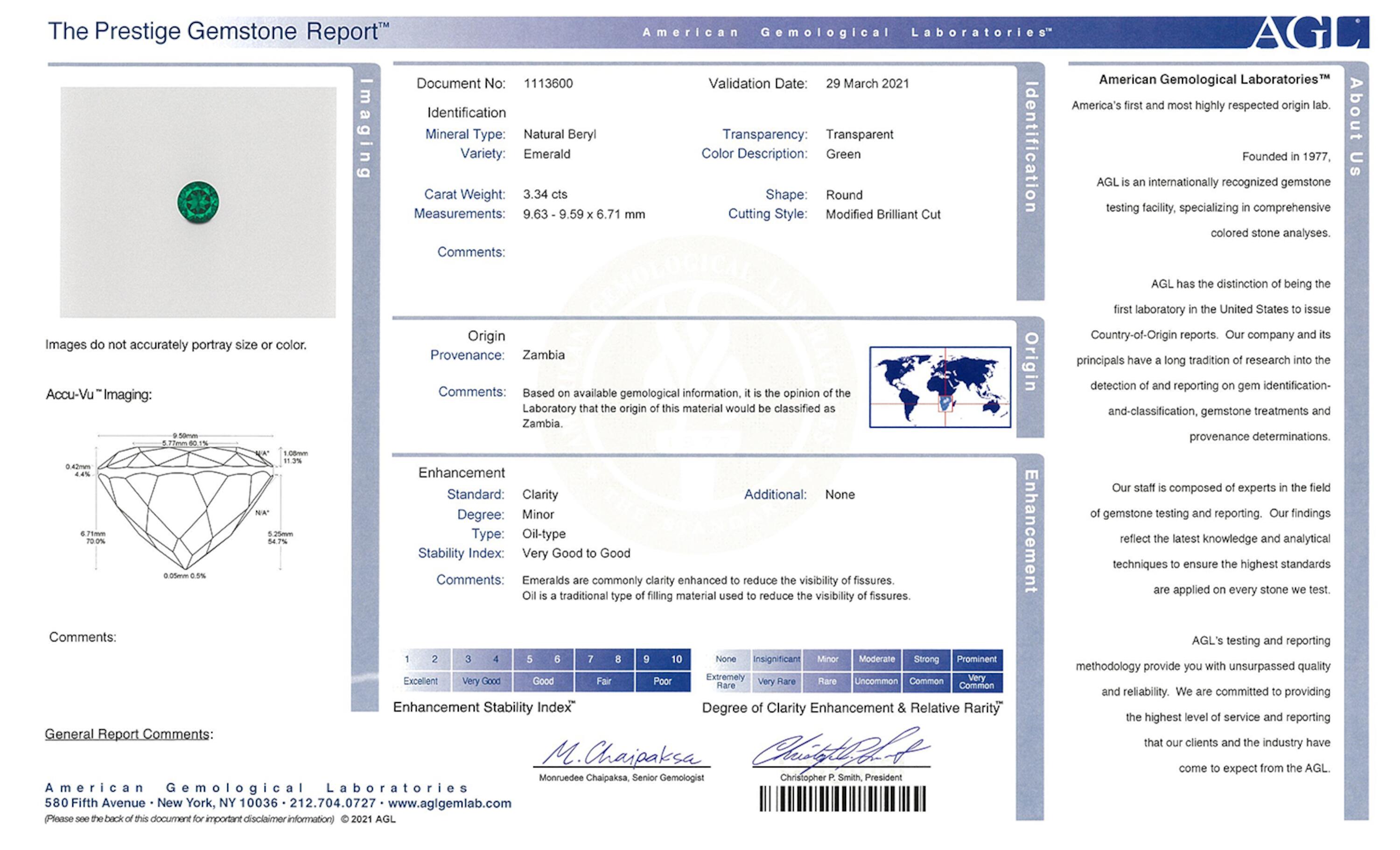 3.34 ct. Round Brilliant Emerald AGL Minor