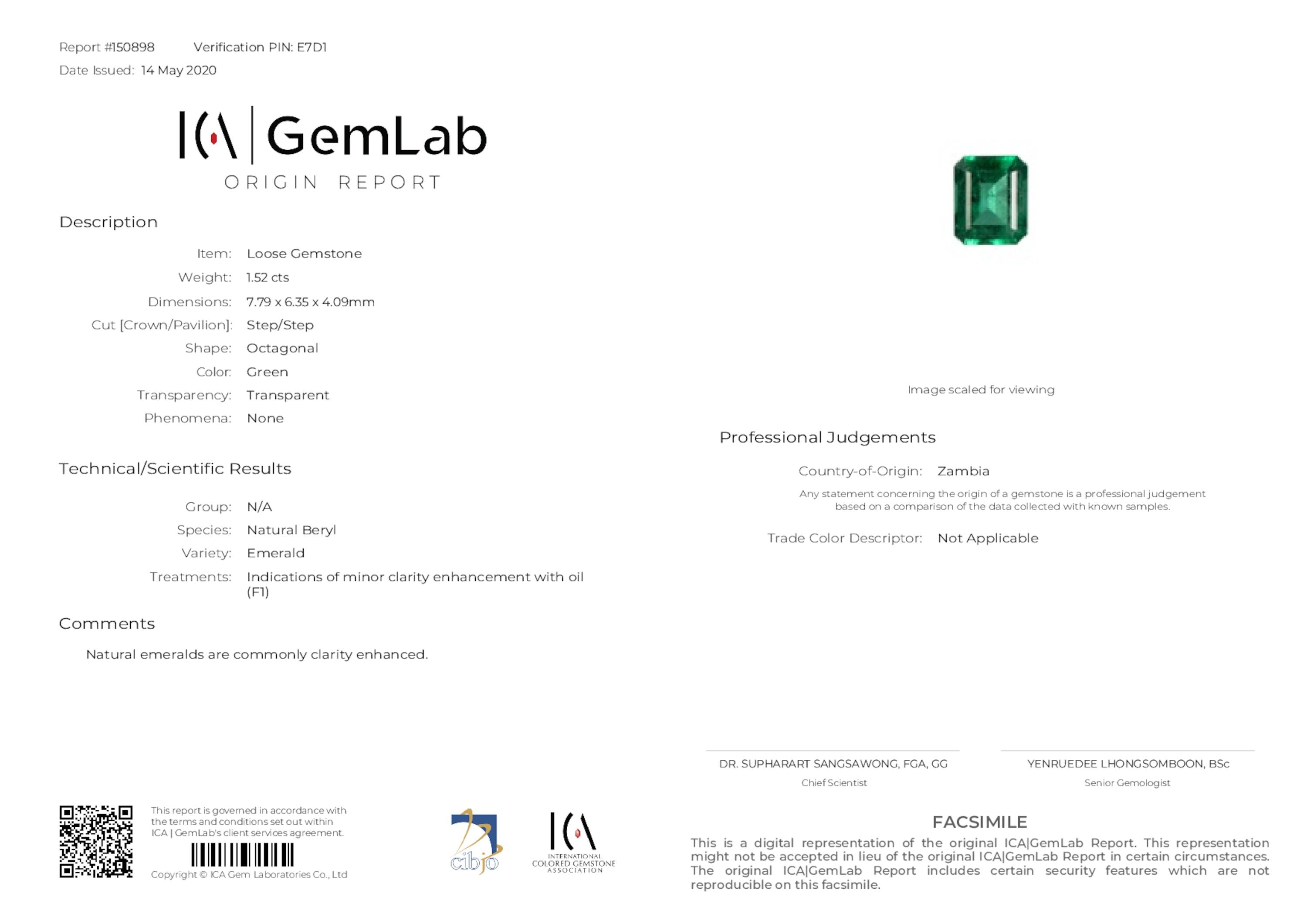 1.52 ct. Emerald ICA Minor