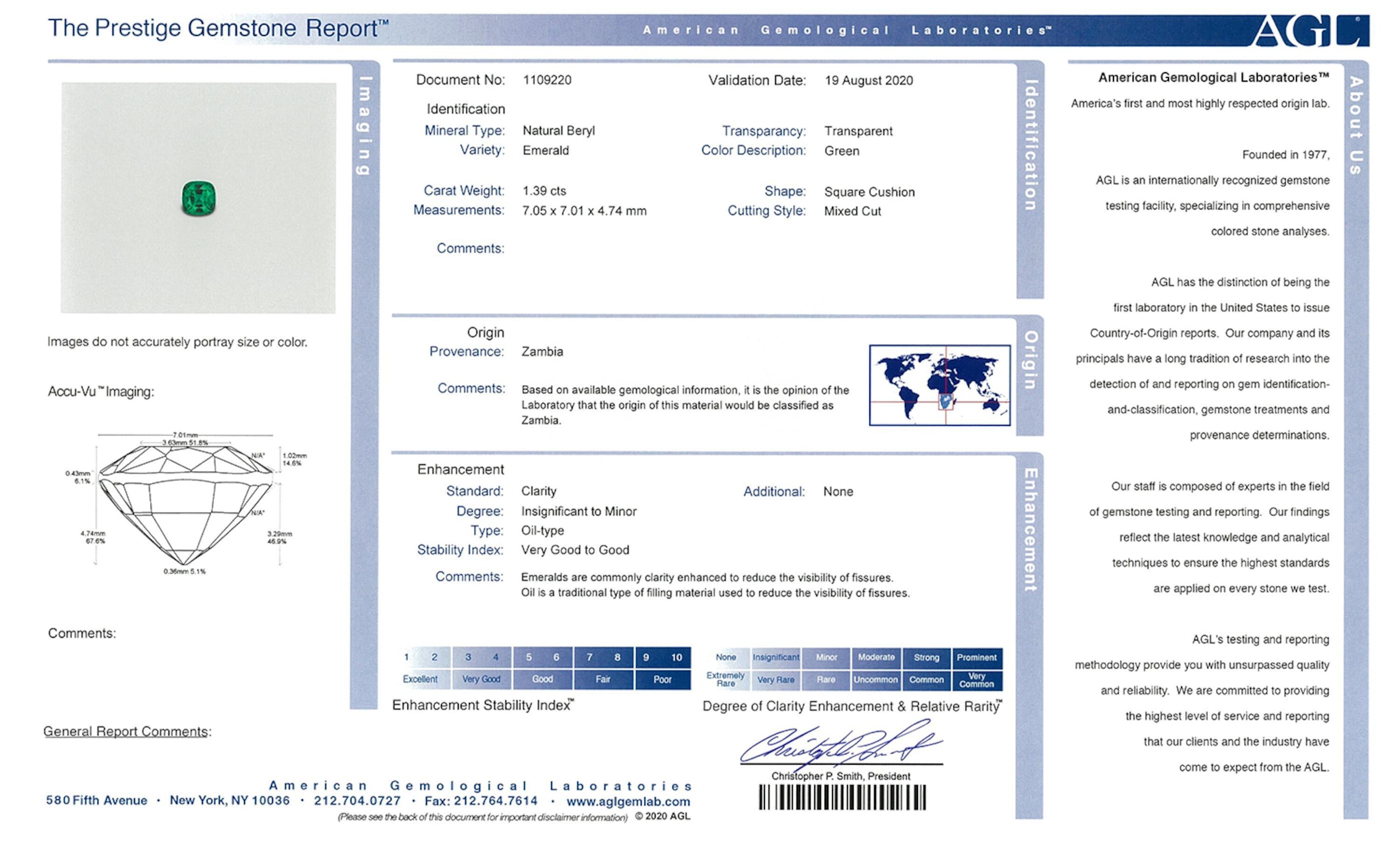 1.39 ct. Cushion Emerald AGL Insignificant to Minor
