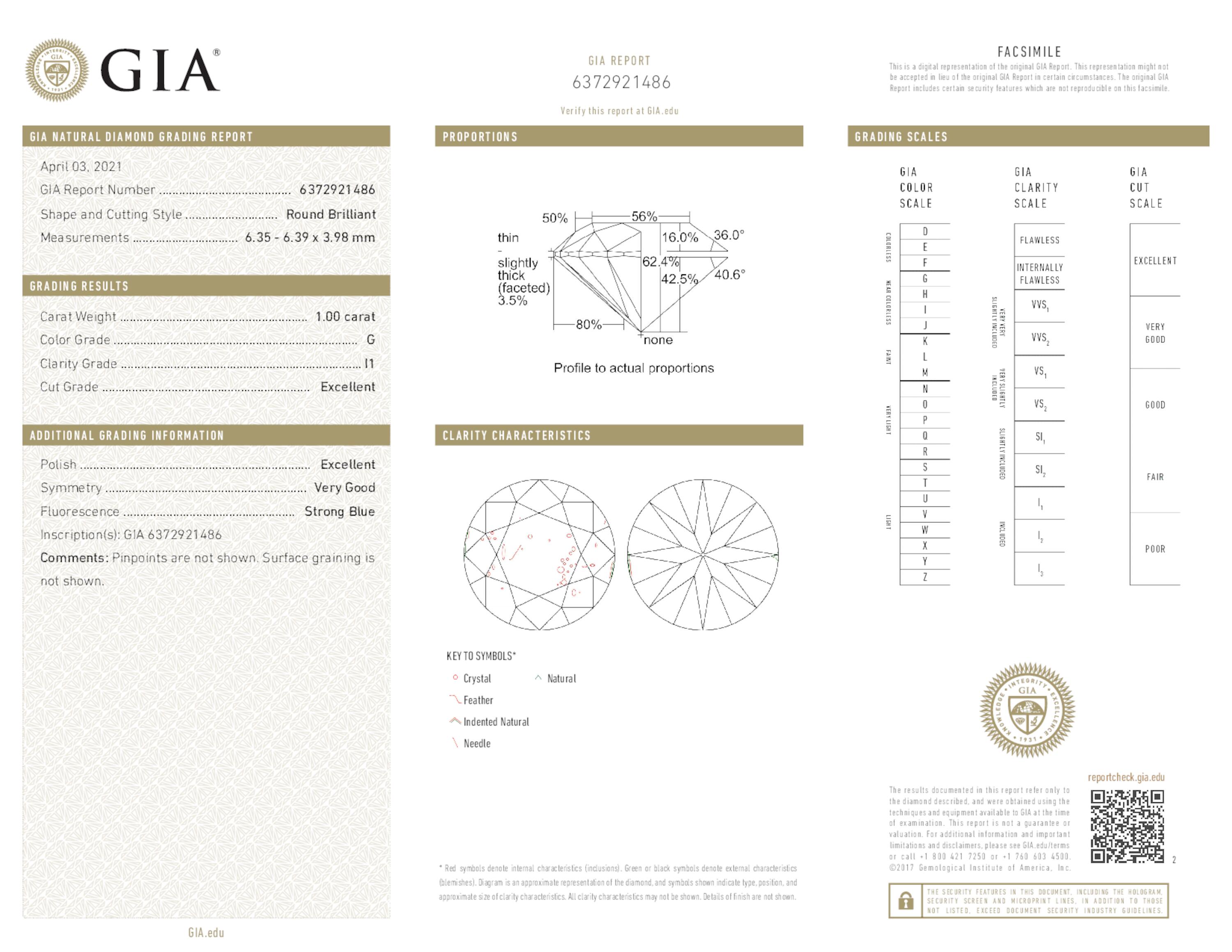 1 ct. Round Brilliant Diamond G I1 EX SB GIA