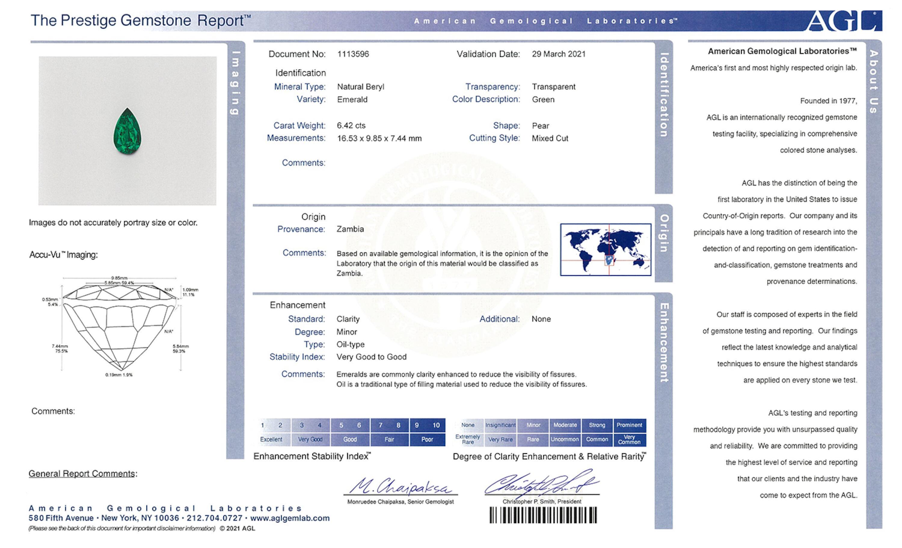 6.42 ct. Pear Shape Emerald AGL Minor
