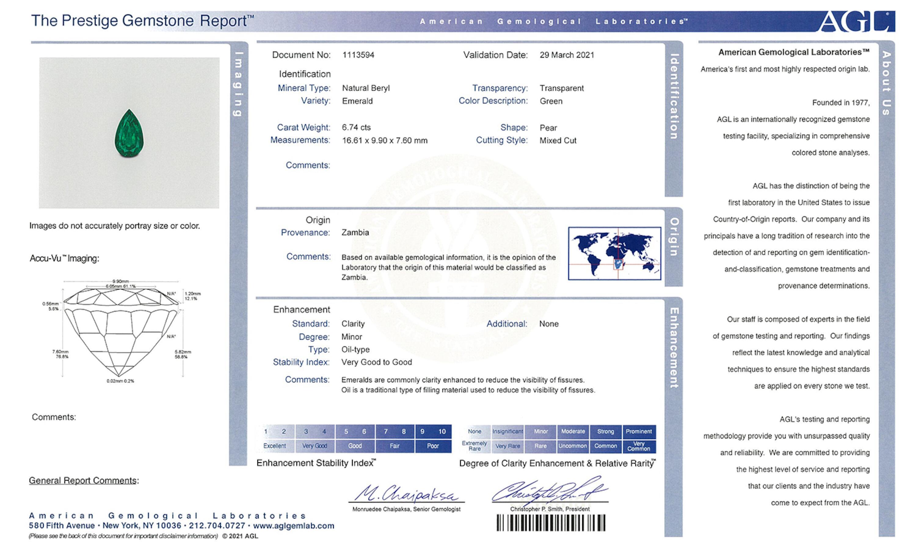 6.74 ct. Pear Shape Emerald AGL Minor