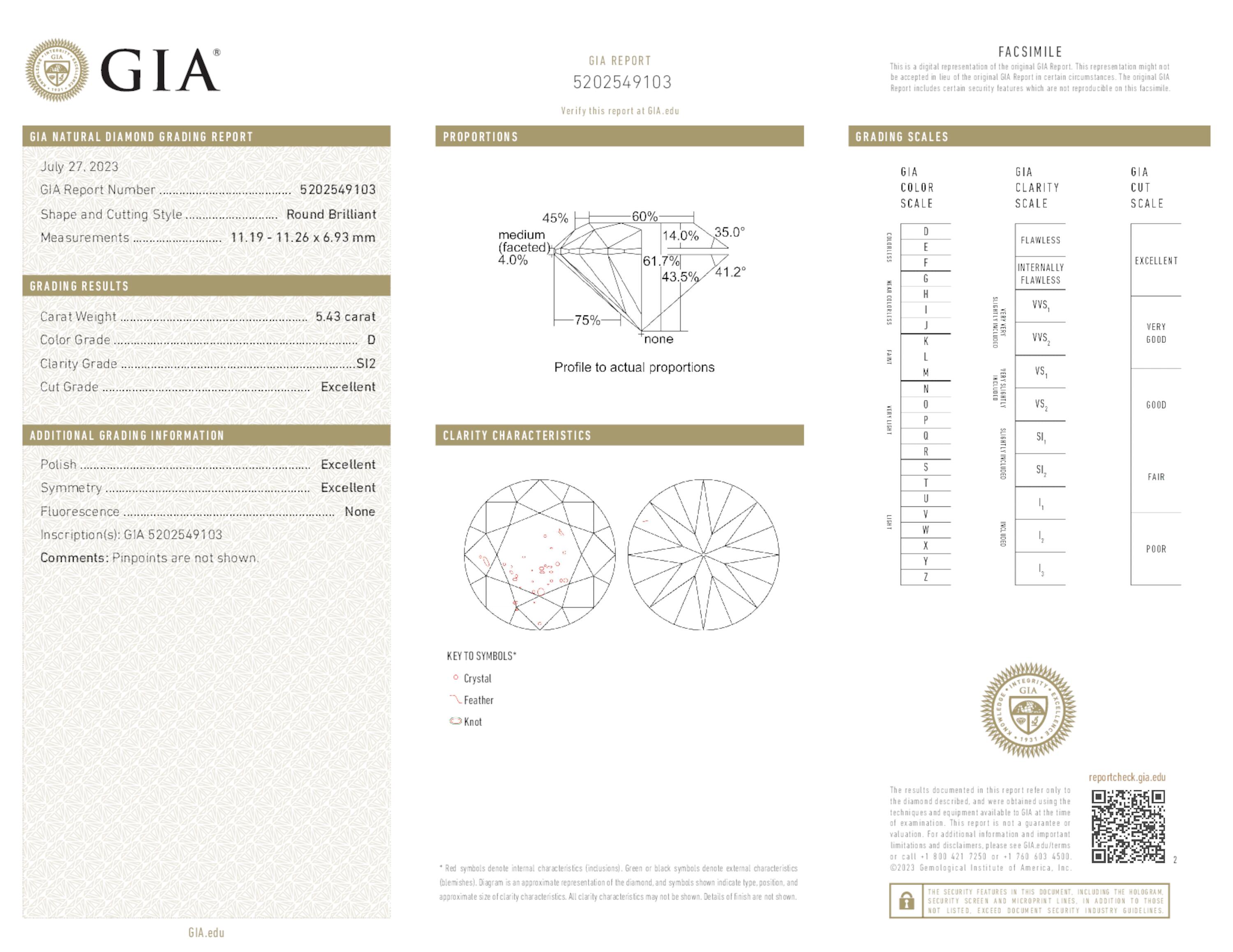 5.43 ct. Round Brilliant Diamond D SI2 EX None GIA