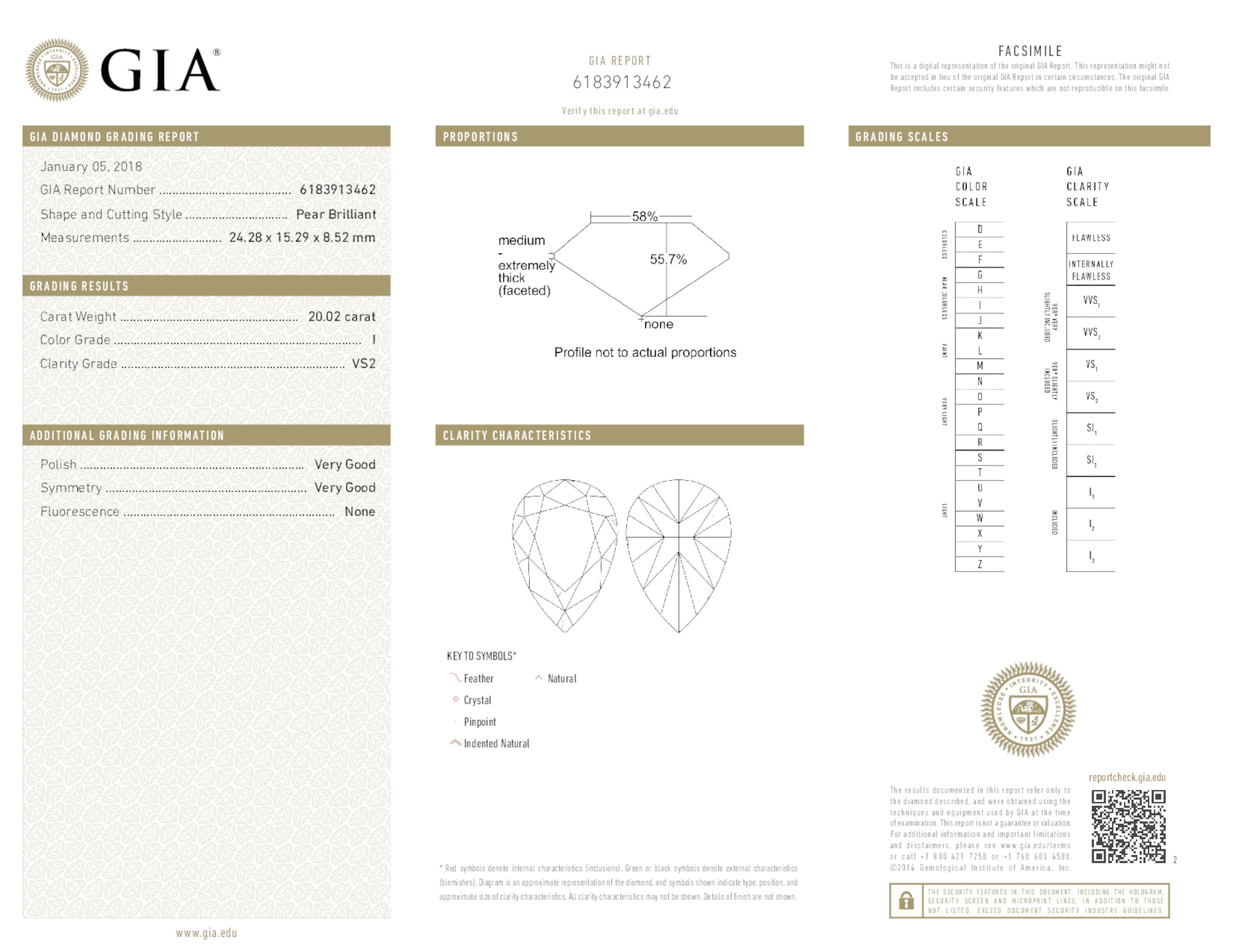 20.02 ct. Pear Shape Diamond I VS2 None GIA