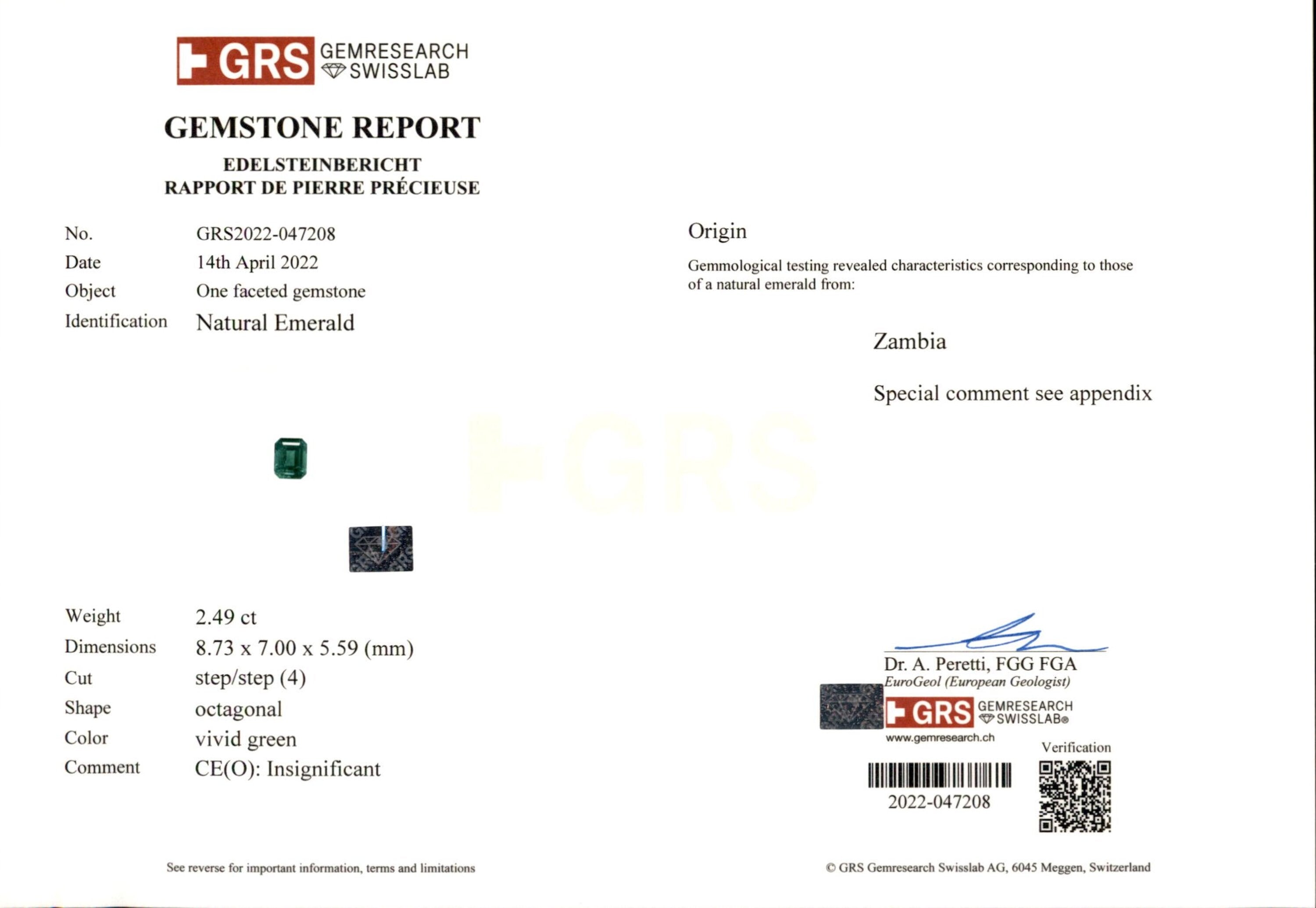 2.49 ct. Emerald GRS Insignificant