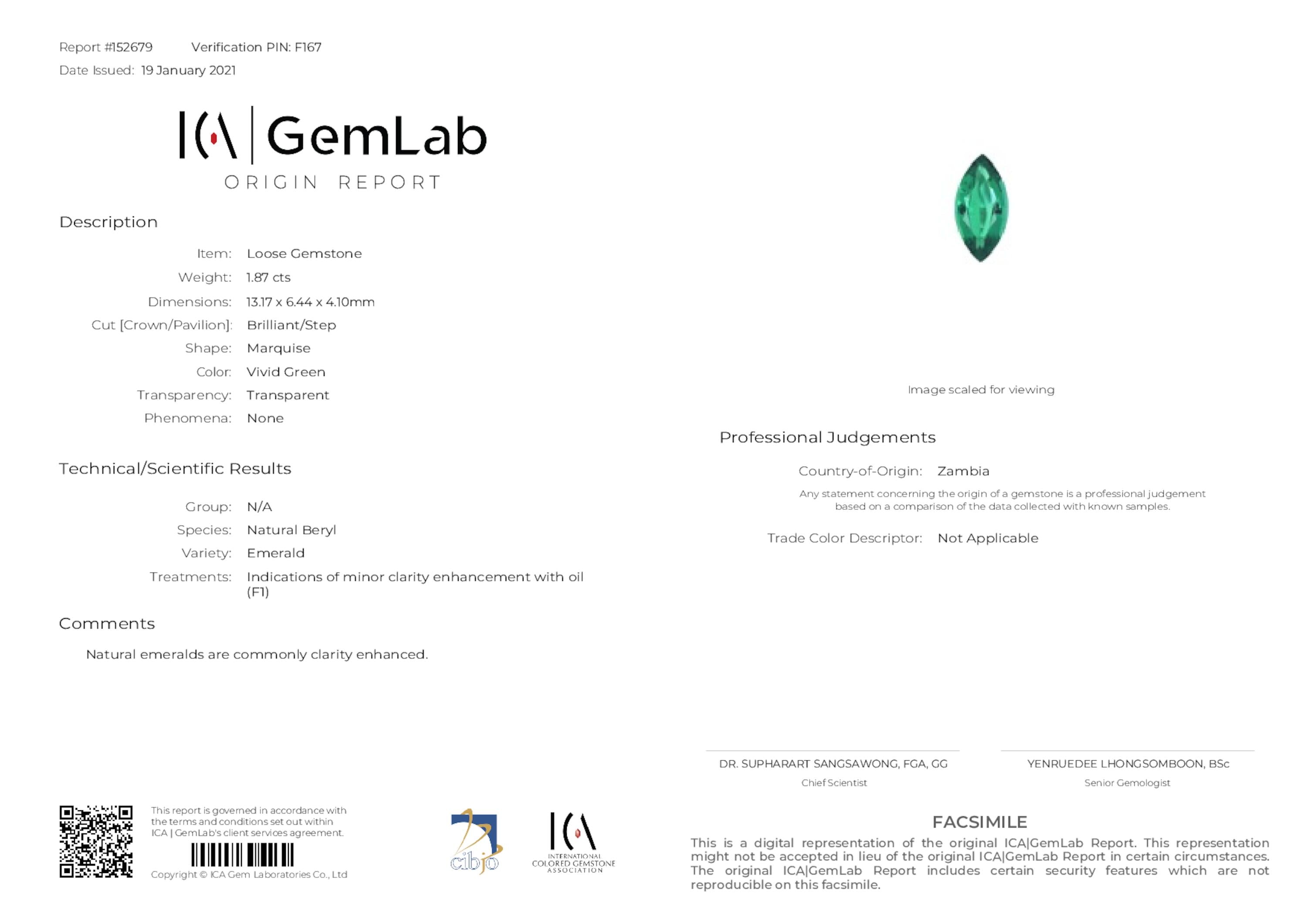 1.87 ct. Marquise Emerald ICA Minor