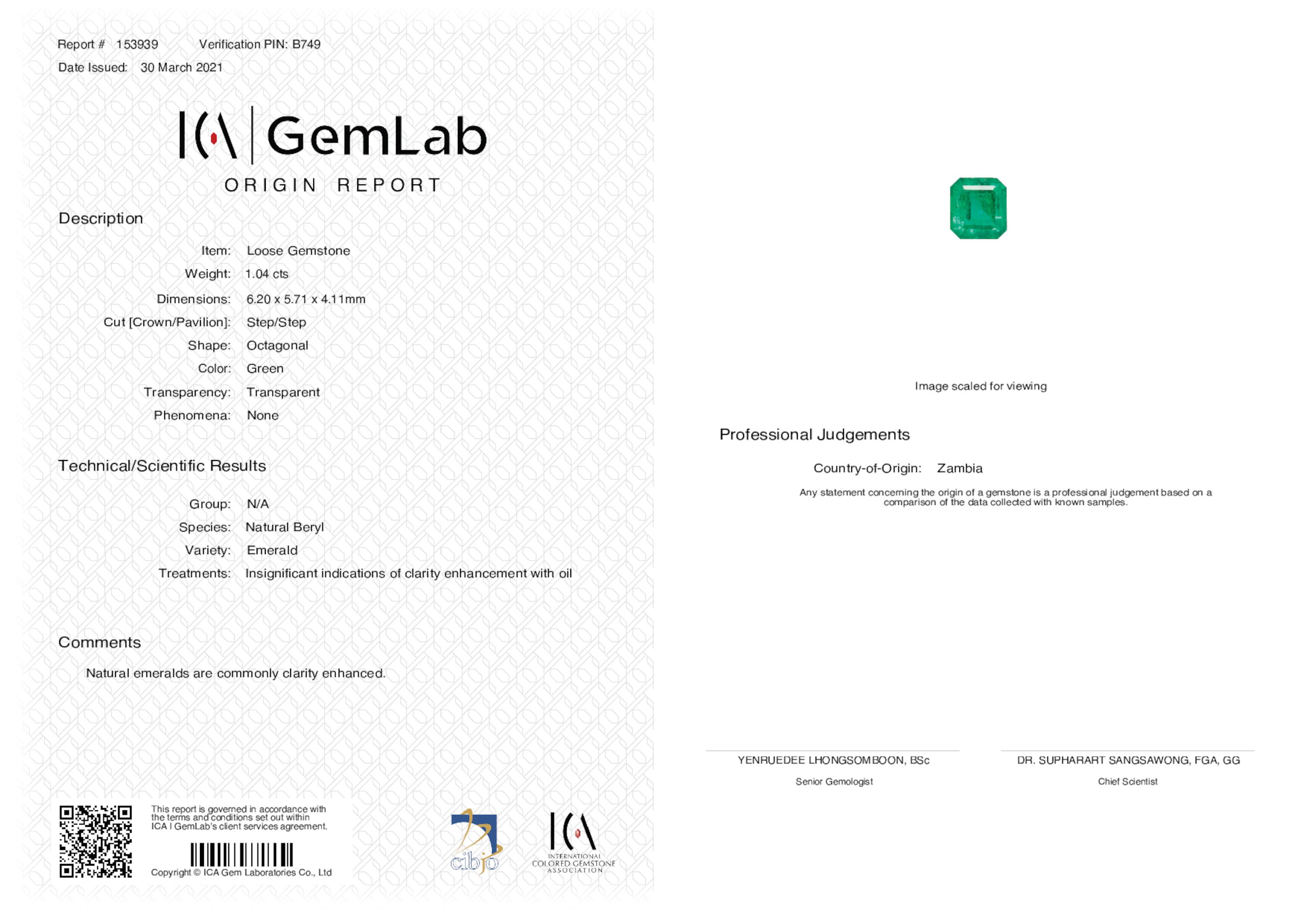 1.04 ct. Emerald ICA Insignificant